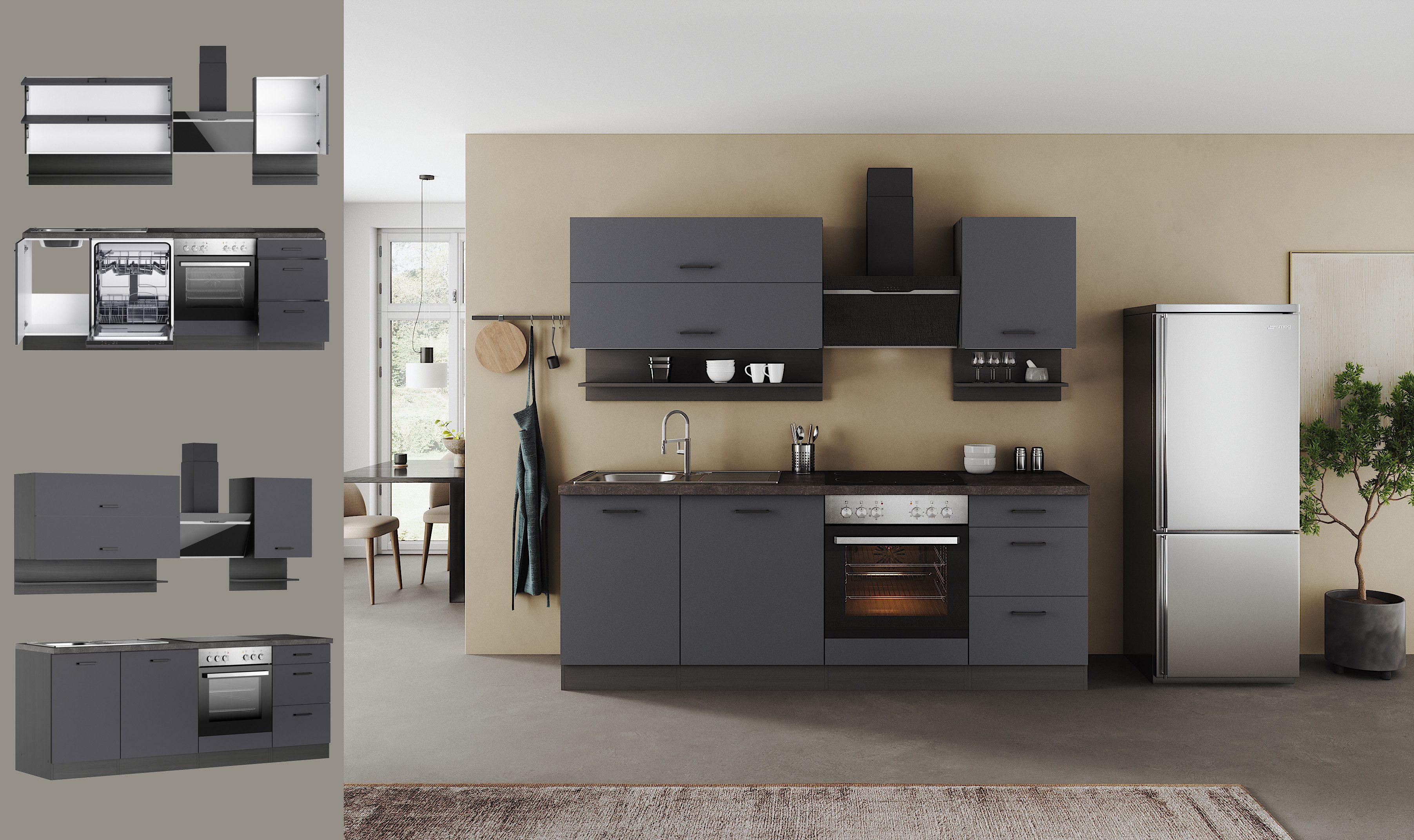 KOCHSTATION Küchenzeile KS-Frieda Breite 220 cm, wahlweise mit E-Geräten, mit 38mm starker Arbeitsplatte