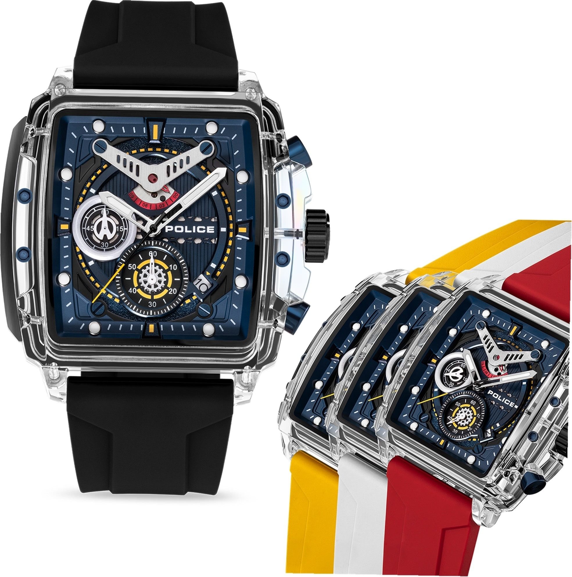 Police Chronograph Police Herrenuhr Silikon Armband, (Chronograph), Herrenuhr quadratisch, extra groß (ca.43x43,8mm) Silikonarmband, Sport