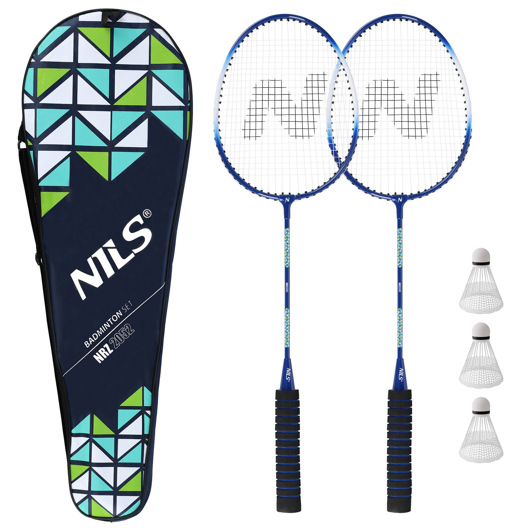 Nils Badmintonschläger Badmintonset 2 Schläger blau + 3 x Federball, mit passender Tasche