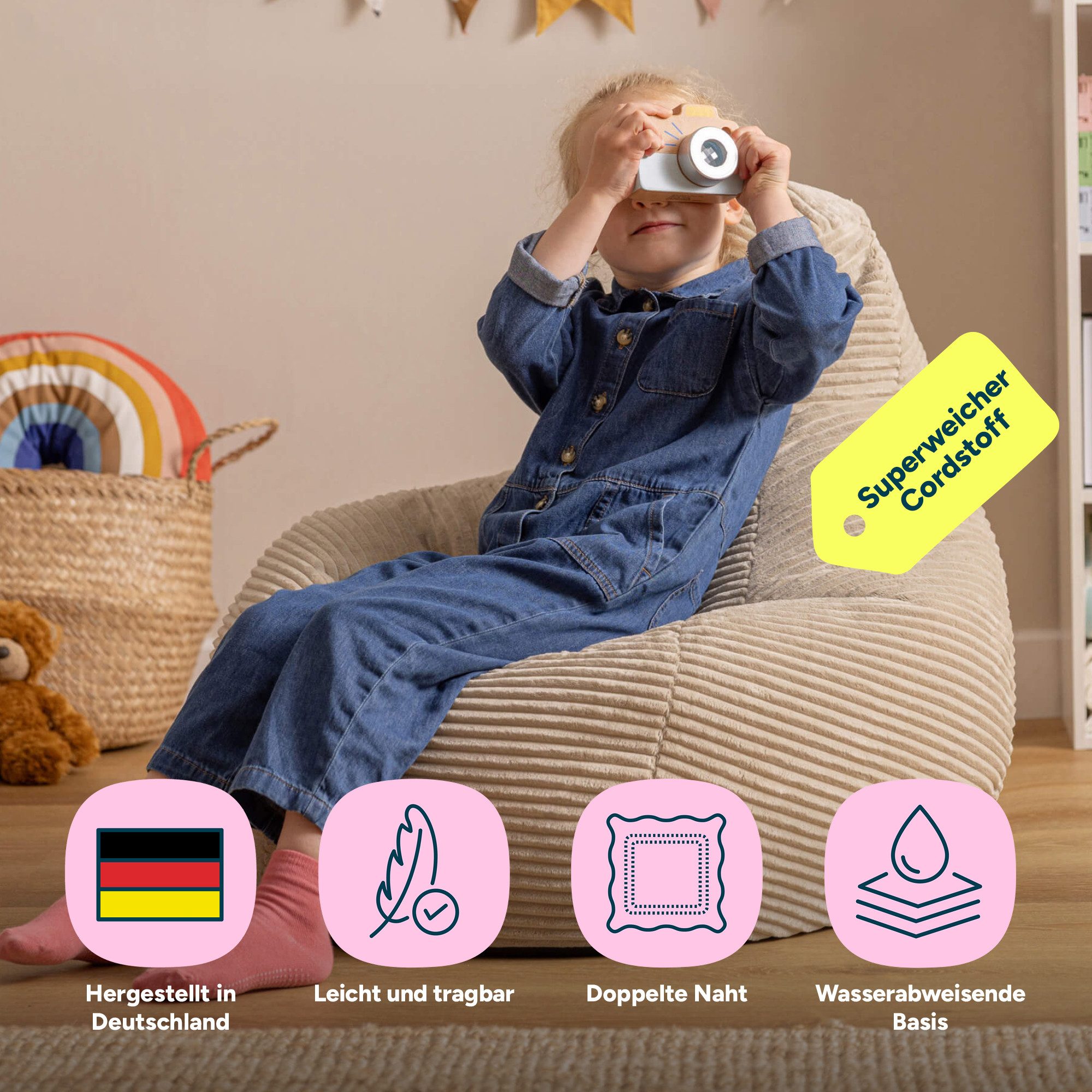 icon Sitzsack Kinder Sessel aus Cord Flauschig „Dalton", 69x59x65cm, Made in Germany, für Kinderzimmer, mit Füllung