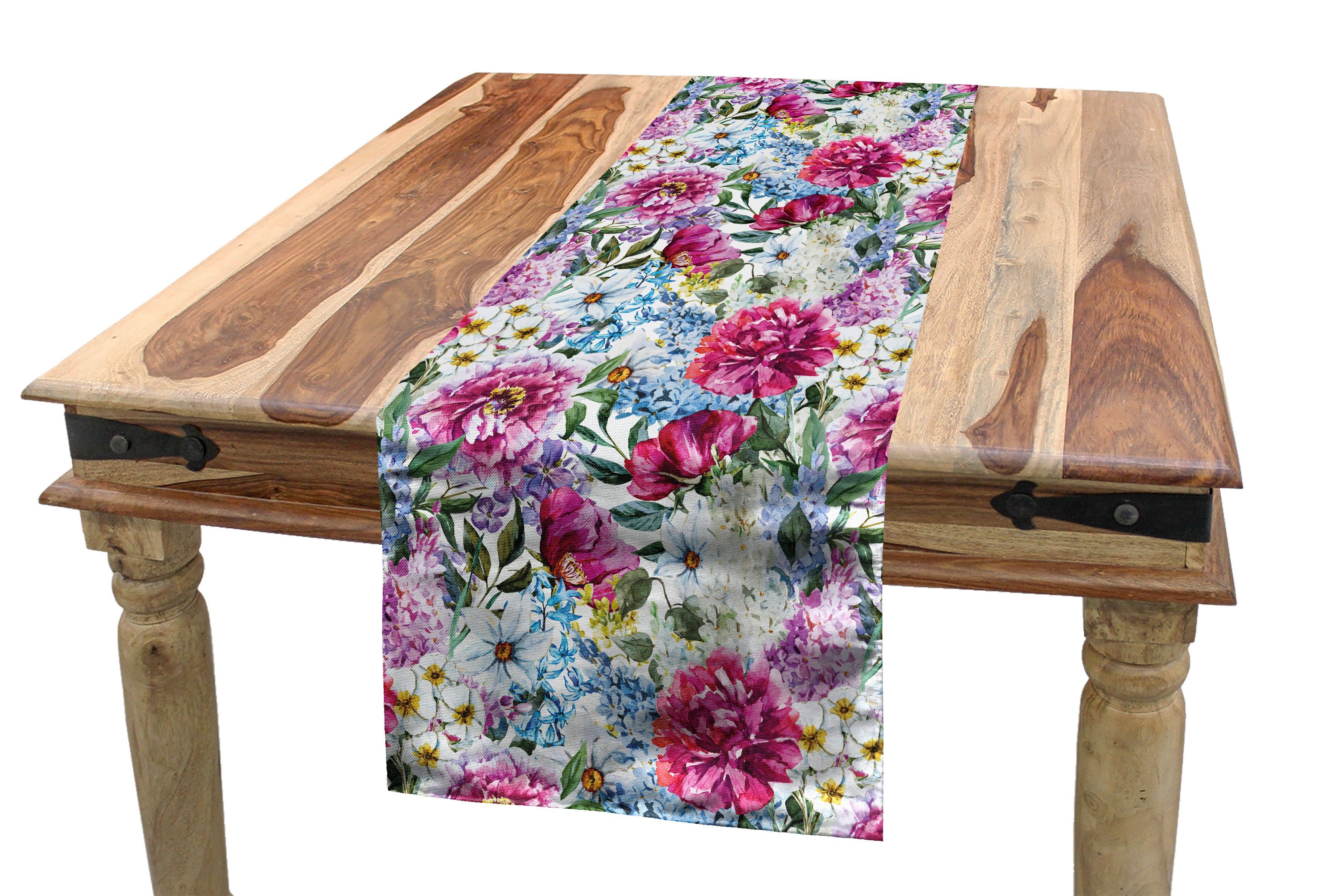 Blumen Tischläufer, Rechteckiger Esszimmer Küche Blumenstrauß Blick Kunst Aquarell Dekorativer Tischläufer Abakuhaus