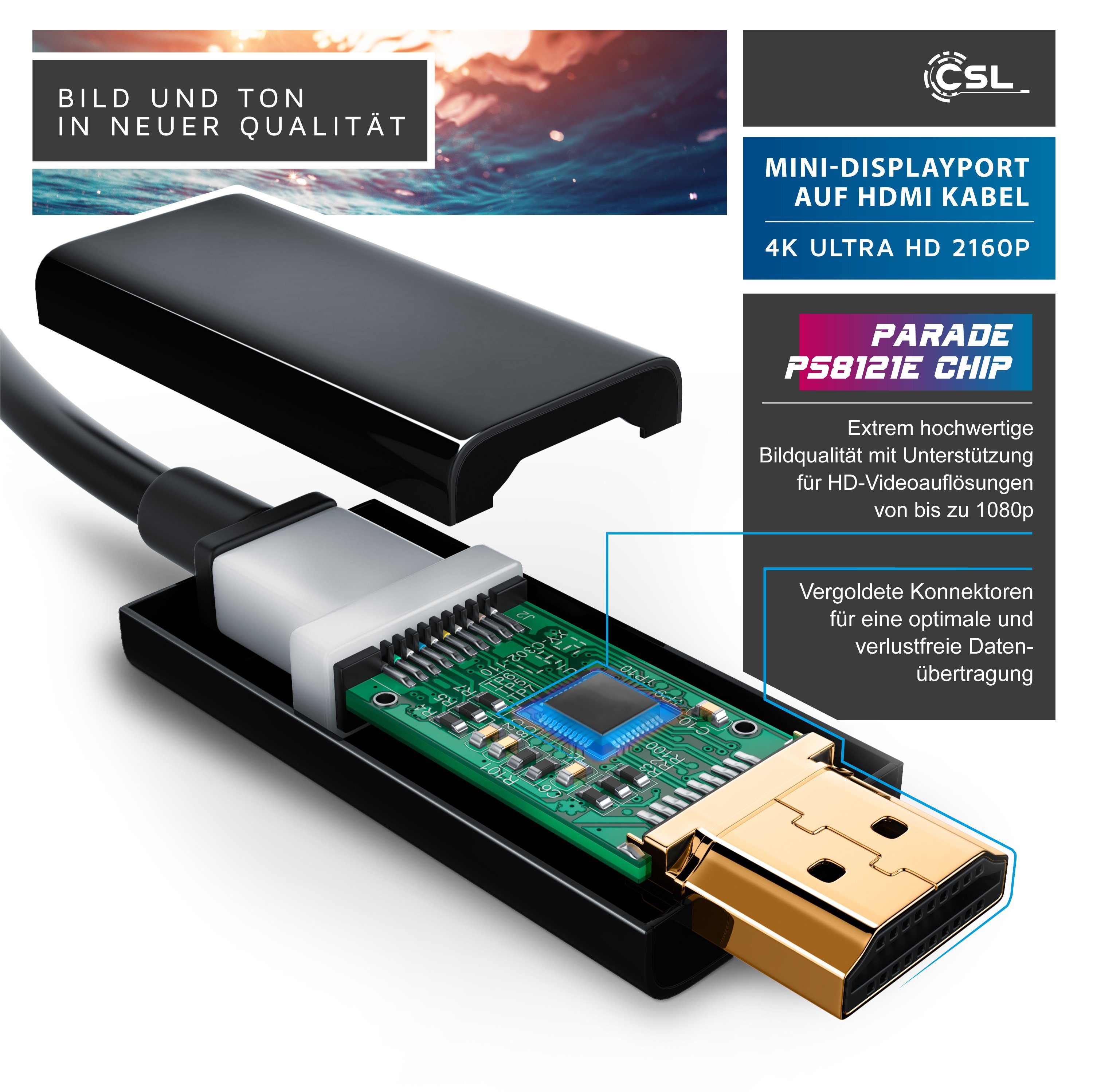 CSL Audio- & Video-Kabel, Mini DisplayPort, HDMI Typ A, (200 cm), Premium Full HD MiniDP Adapter Monitor Kabel - 2m