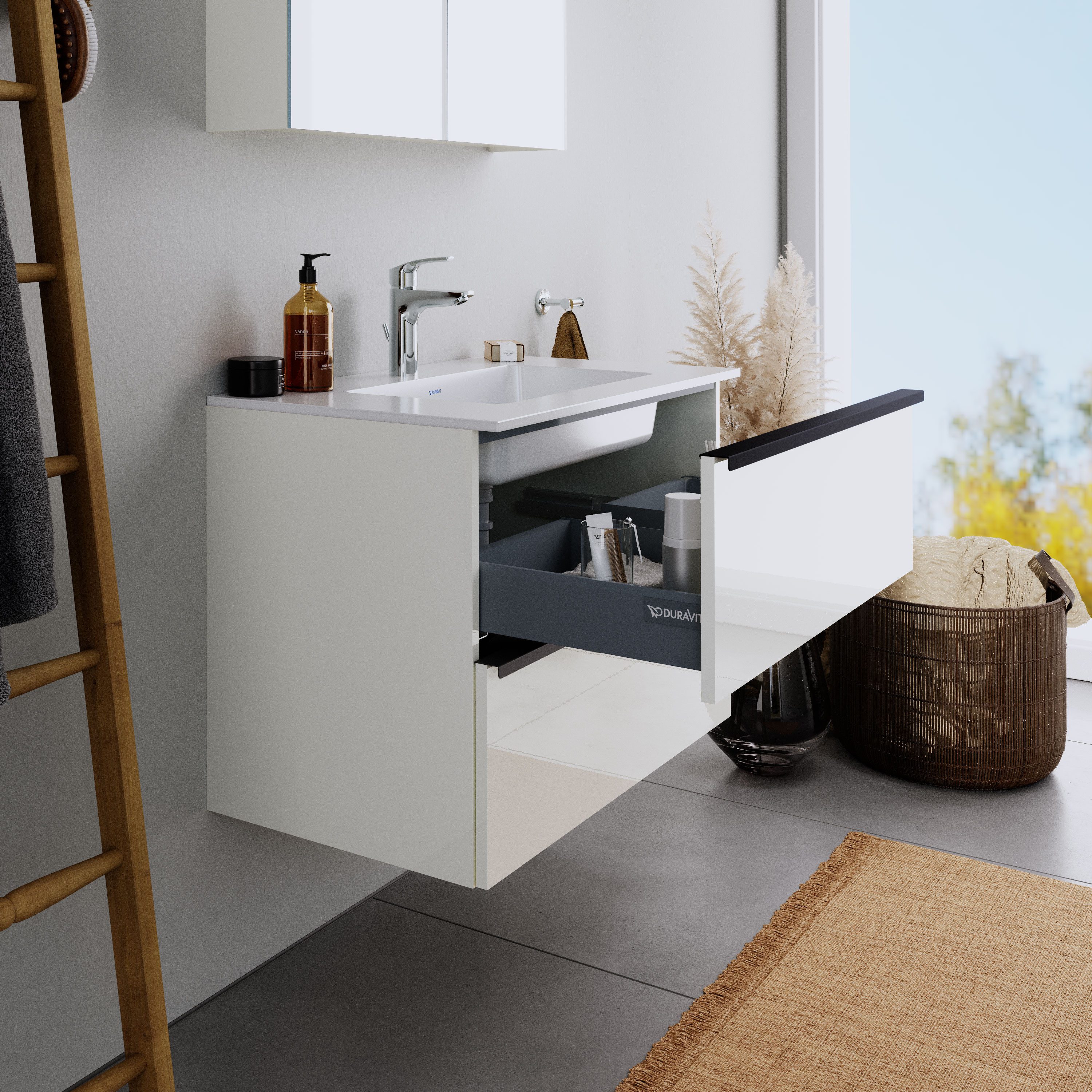 Duravit Badmöbel-Set DuraPoint Weiß glänzend 80cm Mineralguss, Badmöbel Set Unterschrank Mineralguss Waschbecken 2 Auszüge