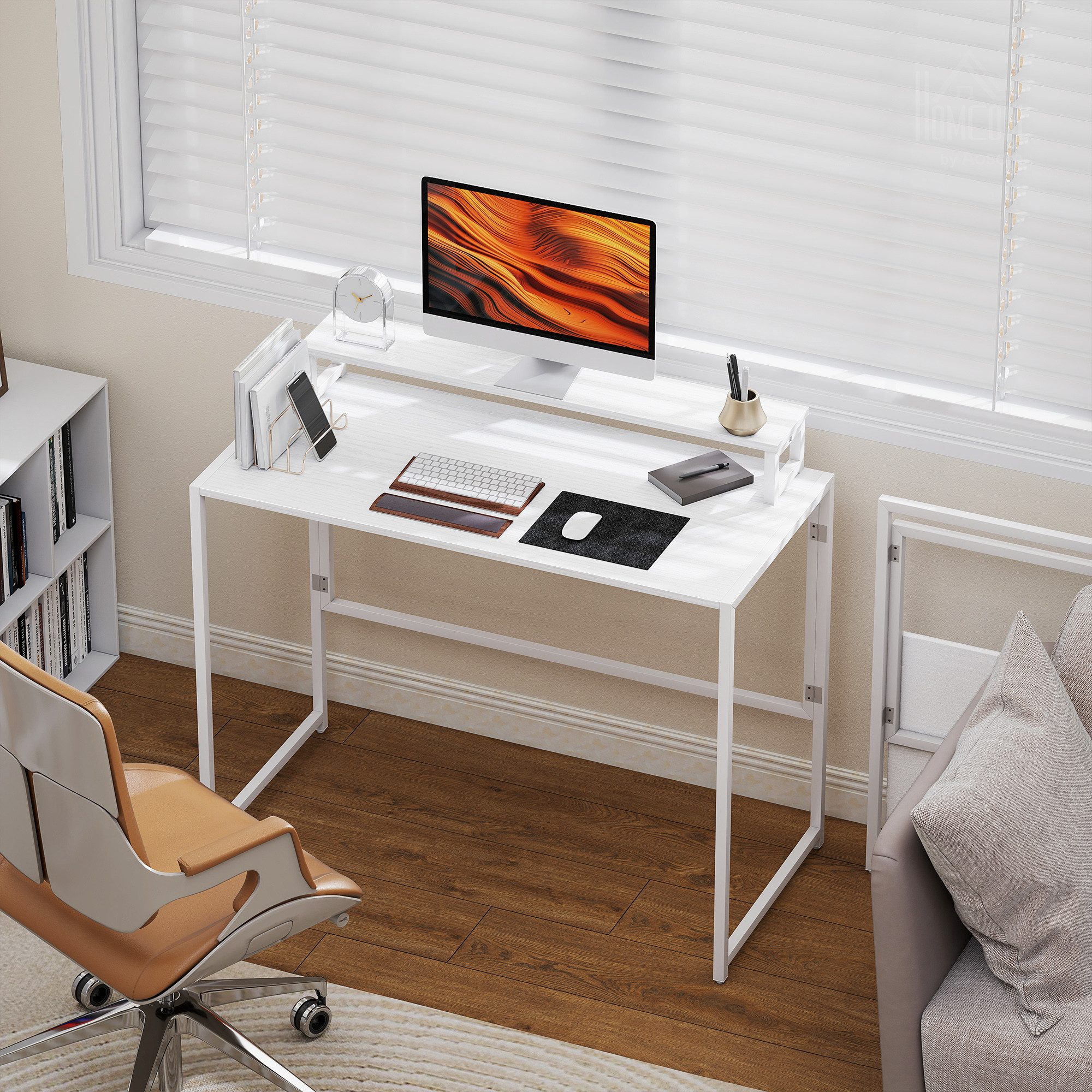 HOMCOM Schreibtisch Klapptisch Platzsparend Bürotisch mit Monitorhalterung (Klapptisch, 1-St., Klappschreibtisch), Computertisch für Home Office, Weiß