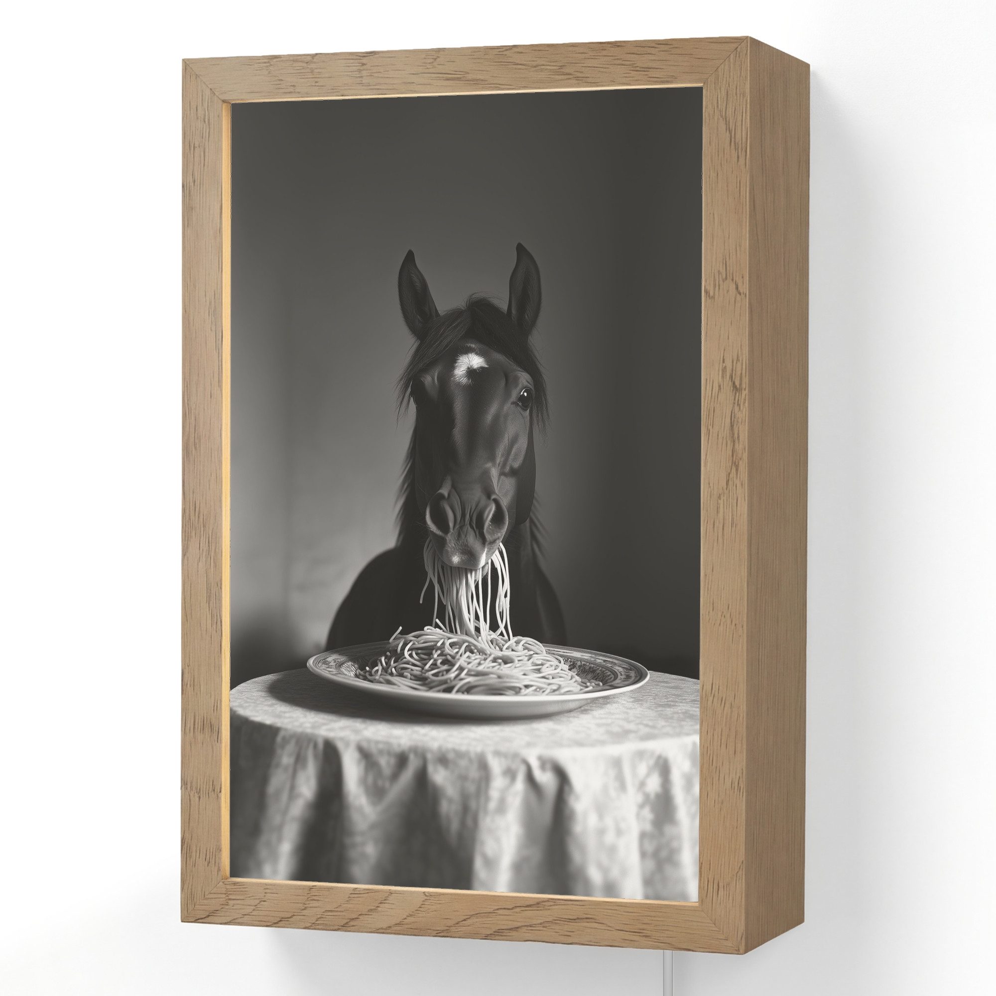 OnlyWow Wandleuchte Lightbox Pferd - Teller - Pasta - Tischtuch - Schwarz und weiß - Tiere, Dimmbar, Farbwechsel, LED, Warmweiß, Kaltweiß, Neutralweiß Einstellbar, Wandlampe Innen, Dimmbar, mit Kabel, LED, Beleuchtung, Wohnzimmer