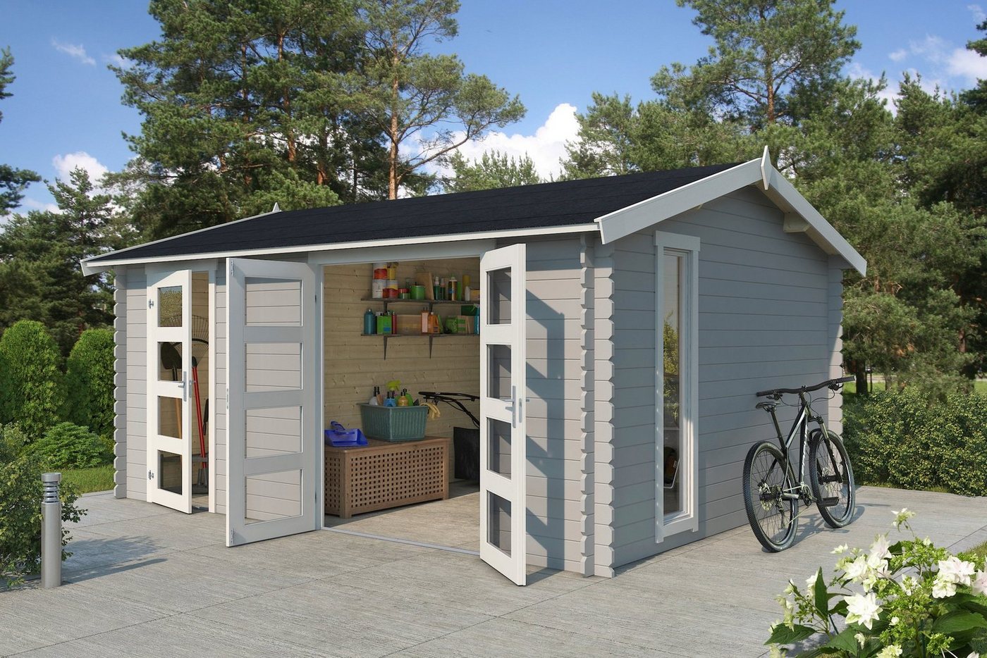 Thumbnail - LASITA MAJA Gartenhaus Carroz 2, BxT: 476x404 cm, (Set), Blochbohlenhaus 28mm 2-Raum, Fundamentmass 4560x3600, Lichtgrau