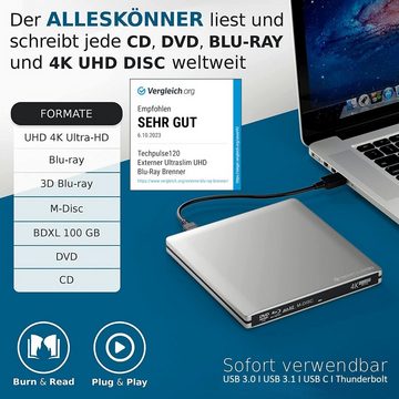 techPulse120 Externes UHD 4k 3D M-Disc BDXL USB 3.0 USB-C Aluminium Silber Laufwerk Blu-ray-Brenner