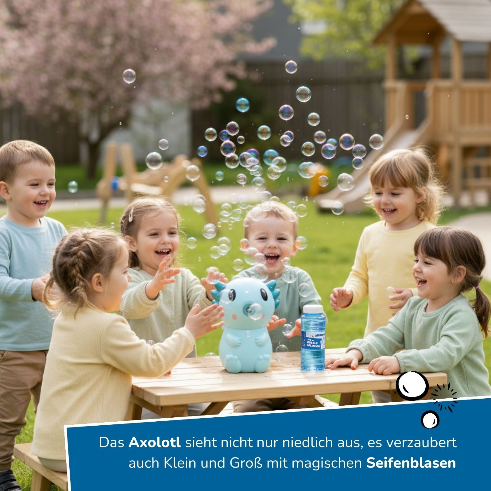 alldoro Seifenblasenmaschine Seifenblasen-Maschine Axolotl türkis, 14 cm, für Kinder ab 3 Jahren, Seifenblasen-Set mit tragbarer Seifenblasenkanone & 100 ml Flüssigkeit