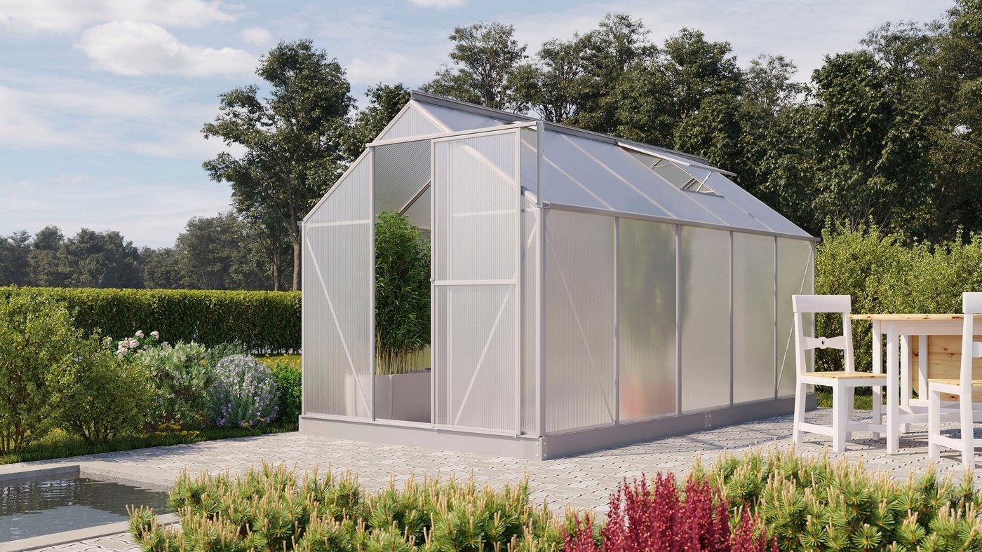 Vitavia Gewächshaus Eos 7500, BxTxH: 197,7 x 377,1 x 195,9 cm, 4 mm Wandstärke, Alu-Profile, Stahlfundamentrahmen, 4 mm Hohlkammerplatten silberfarben Vitavia Gewächshaus Eos 7500, BxTxH: 197,7 x 377,1 x 195,9 cm, 4 mm Wandstärke, Alu-Profile, Stahlfundamentrahmen, 4 mm Hohlkammerplatten silberfarben