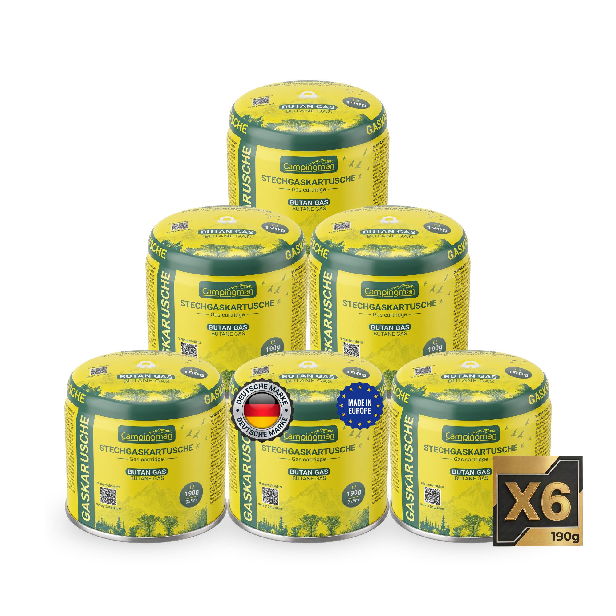 Campingman Gaskartusche 190g Gaskartusche Typ 200 mit Gas Block System, Zubehör für Campingkocher, Gaskocher, Lötbrenner, Bunsenbrenner, Gaslampen (Typ C206 / C200), 6 St., 190g Butangas-Stechkartusche mit integriertem Gas Block System.