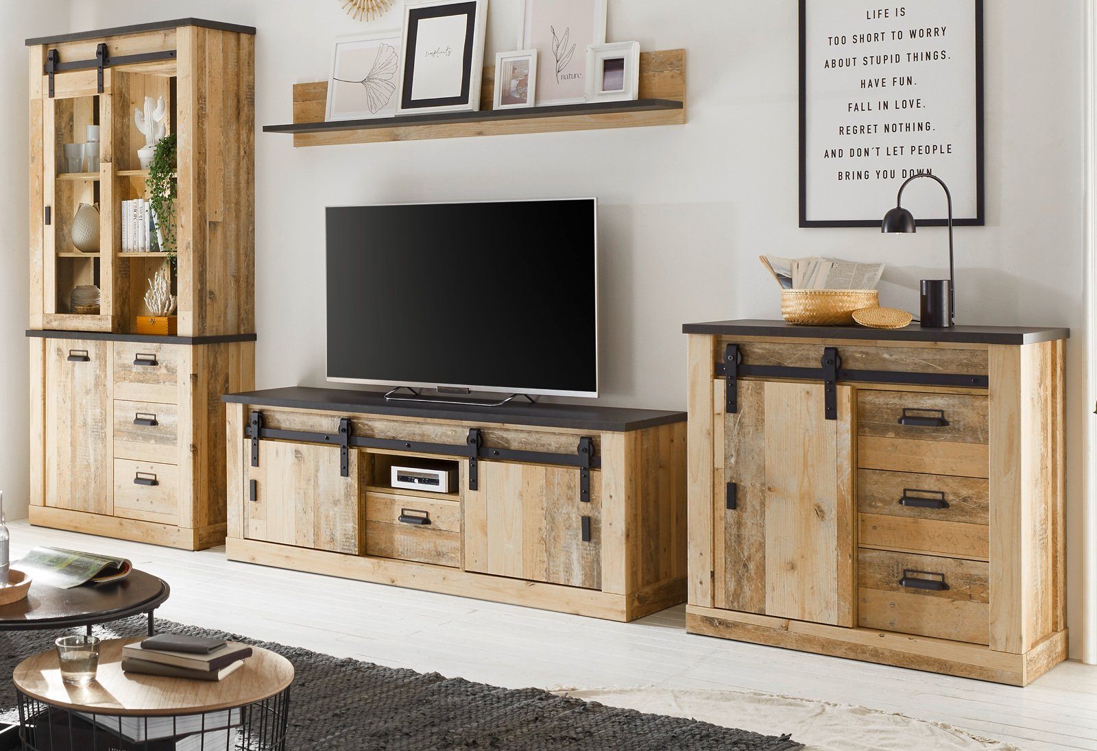 Furn.Design Wohnwand Stove, (Wohnzimmer Set 4-teilig in Used Wood, ca. 390 cm), mit Schiebetüren, mit Soft-Close