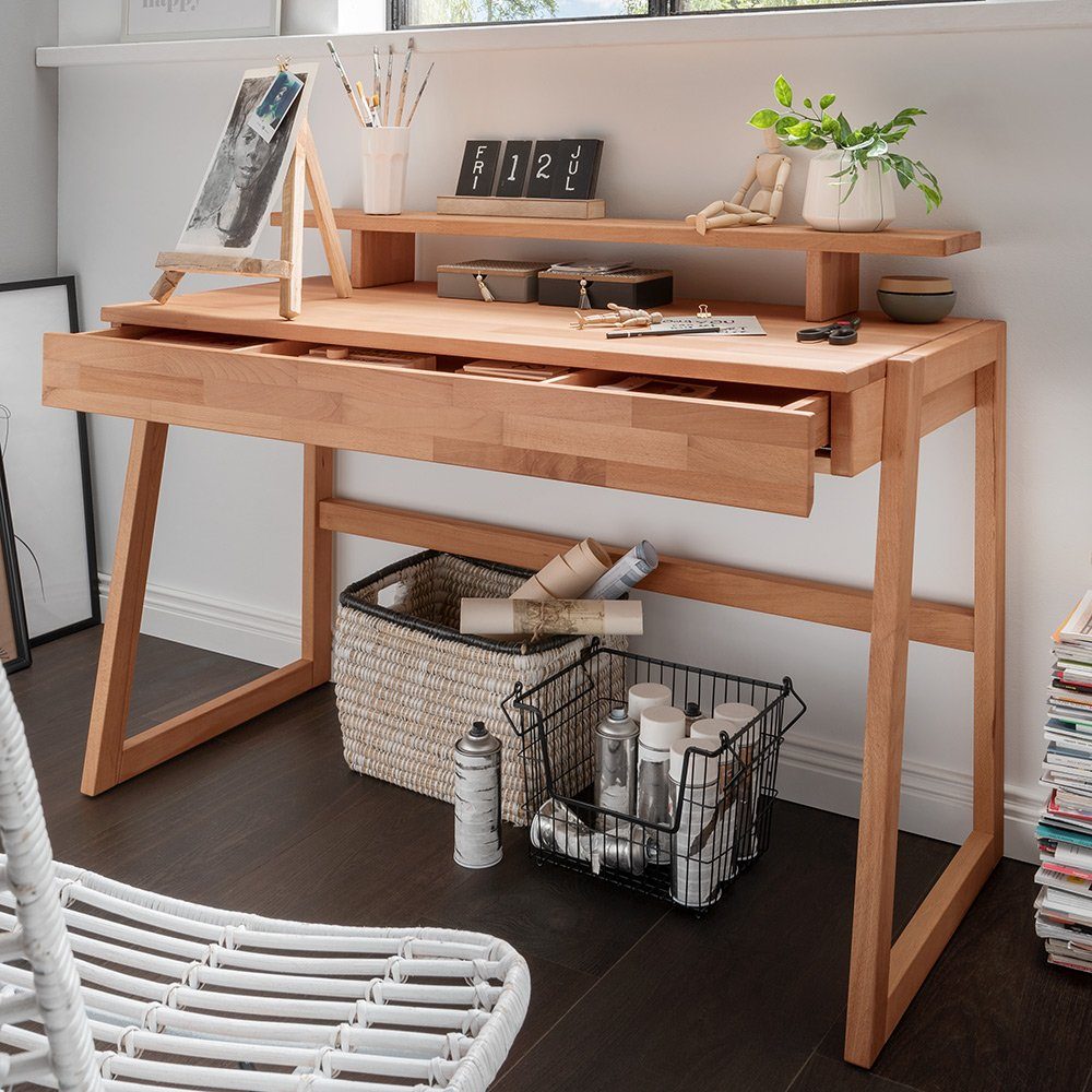 Lomadox Schreibtisch CUENCA-137, Buche Massivholz, großer Auszug mit Softclose, Aufsatz