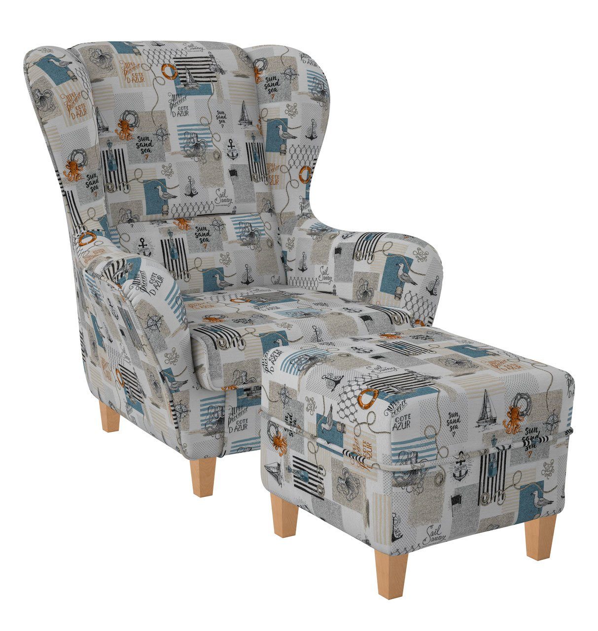 Sofia, mit Supellex D'Azur Relaxsessel Design Côte Ohrensessel Hocker, Patchwork