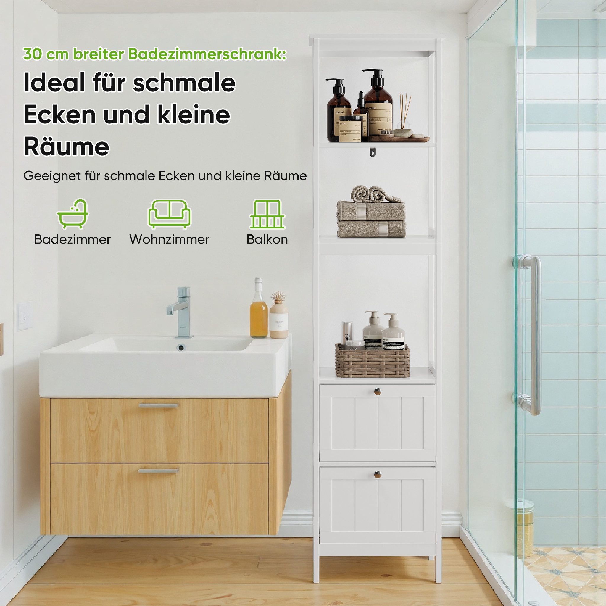 Yorbay Hochschrank Badkommode, Badezimmerschrank mit 3 Regalen & 2 Schublad günstig online kaufen