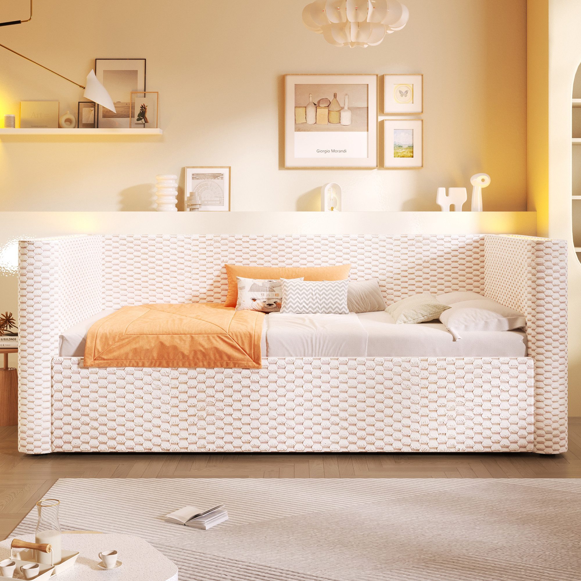 Merax Daybett 90x200cm mit LED-Licht (Sofabett Jugendbett Kinderbett, 1 tlg), Polsterbett Tagesbett Schlafsofa mit hydraulischem Stauraum, Samt