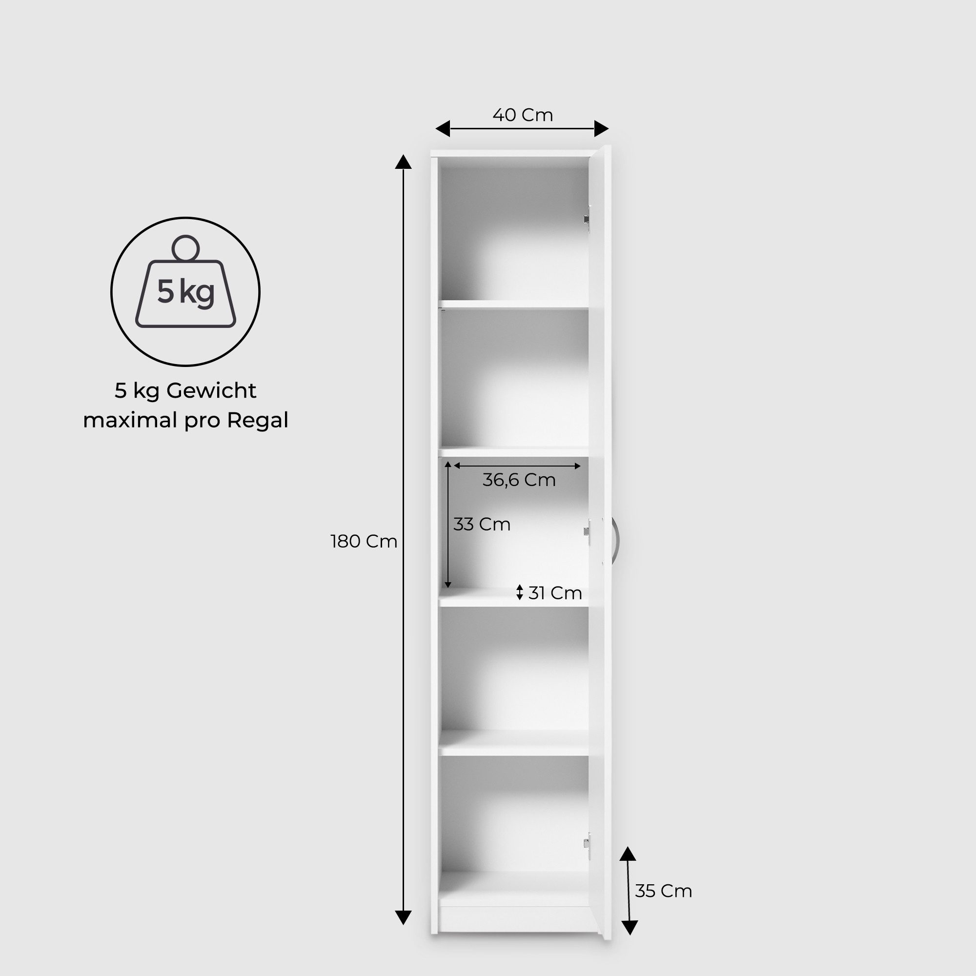 Home Collective Aktenschrank Bücherregal Kleiderschrank Regal 40cm breit 180cm hoch Schrank (Regal Wand schmal Holz für Schlafzimmer Flur Keller Büro) Mehrzweckschrank mit 4 verstellbaren Einlegeböden Aktenschrank weiß