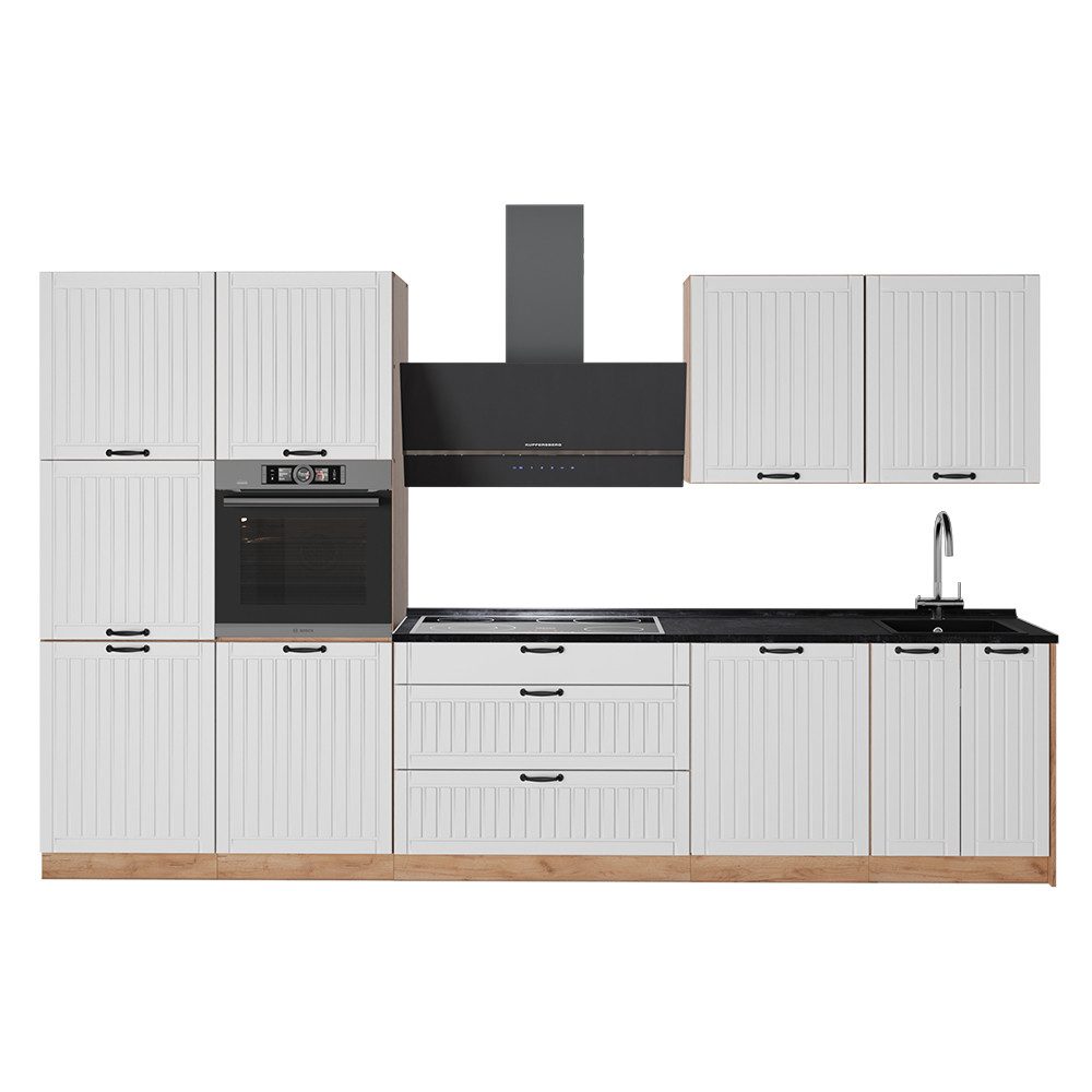 Vicco Küchenzeile Fame-Line, Weiß Landhaus/Goldkraft Eiche, 340 cm, AP Anthrazit