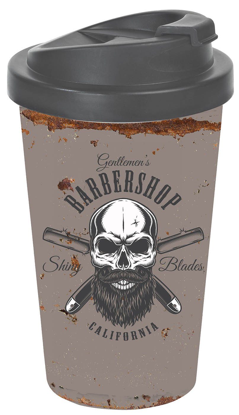 Geda Labels GmbH Coffee-to-go-Becher Barber Skull, PP, Grau, 400 ml, doppelwandig, auslaufsicher
