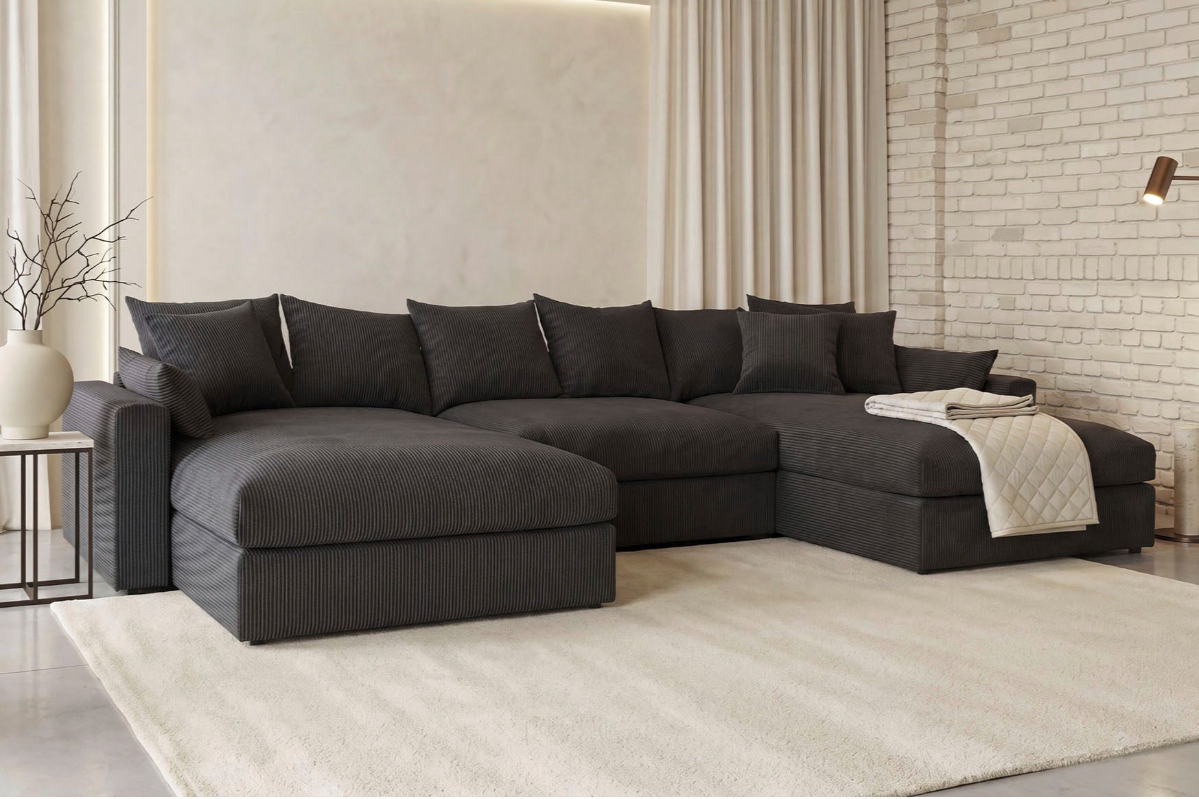 OTTO home Wohnlandschaft Cosy Lounge U-Form, Breite 385 cm, Mega-Sofa mit Cordstoff bezogen, mit Federkern & 5 Zierkissen