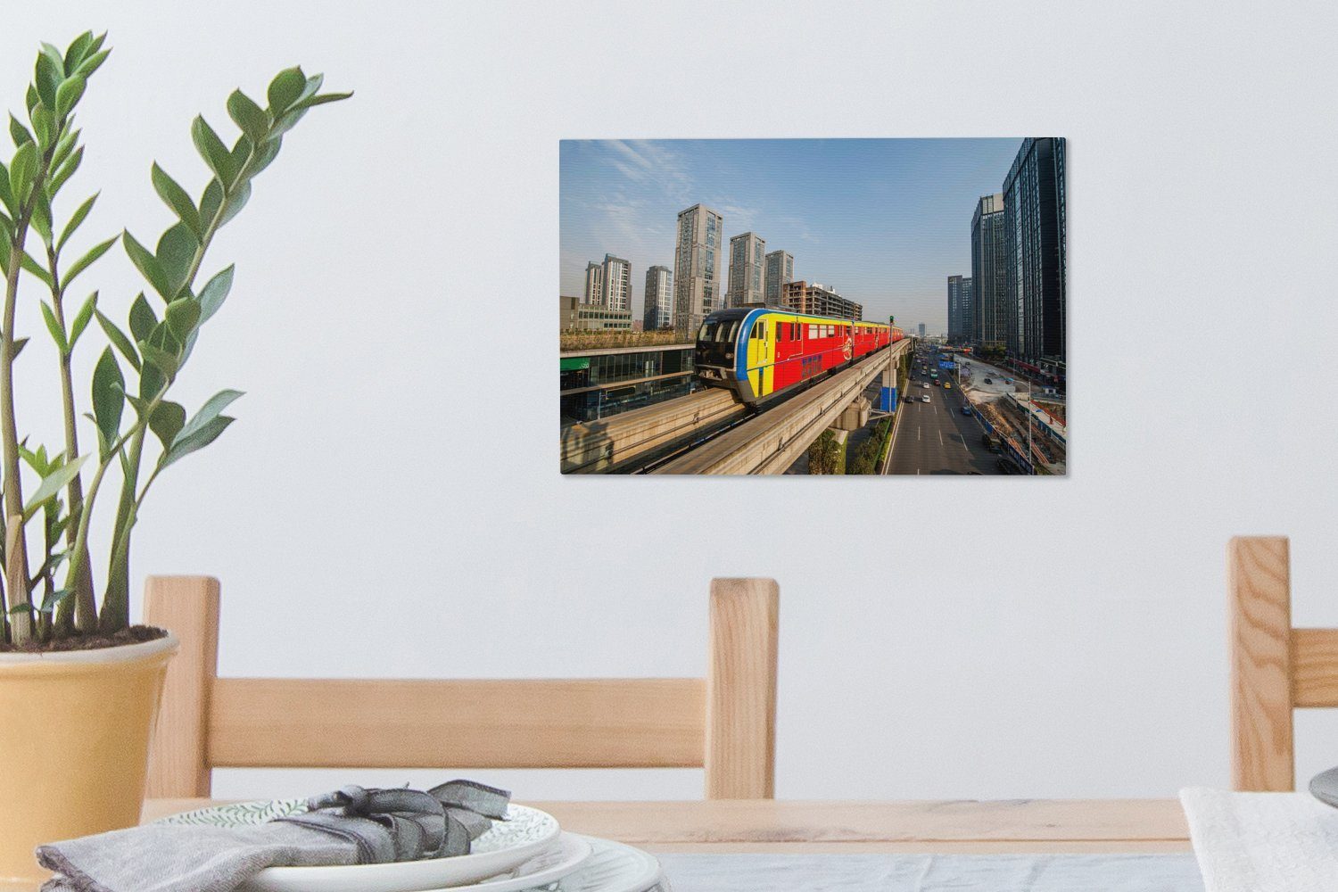 OneMillionCanvasses® Leinwandbild Farbiger cm chinesischen Chongqing, St), 30x20 Wanddeko, Aufhängefertig, Leinwandbilder, im (1 Wandbild Zug