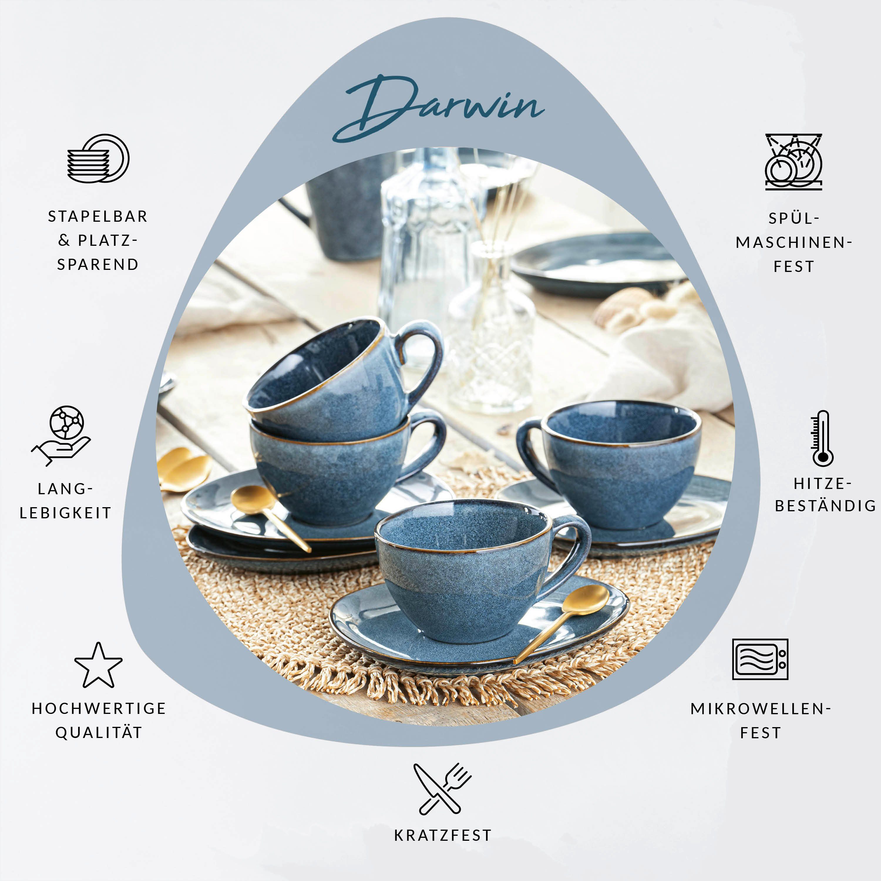SÄNGER Kaffeeservice Darwin Kaffeetassen Set (8-tlg), 4 Personen, Steingut, Handmade, 300 ml, Blau, Premium Collection – Bild 2 von 5