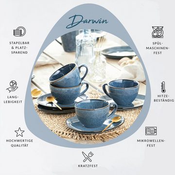 SÄNGER Kaffeeservice Darwin Kaffeetassen Set (8-tlg), 4 Personen, Steingut, Handmade, 300 ml, Blau