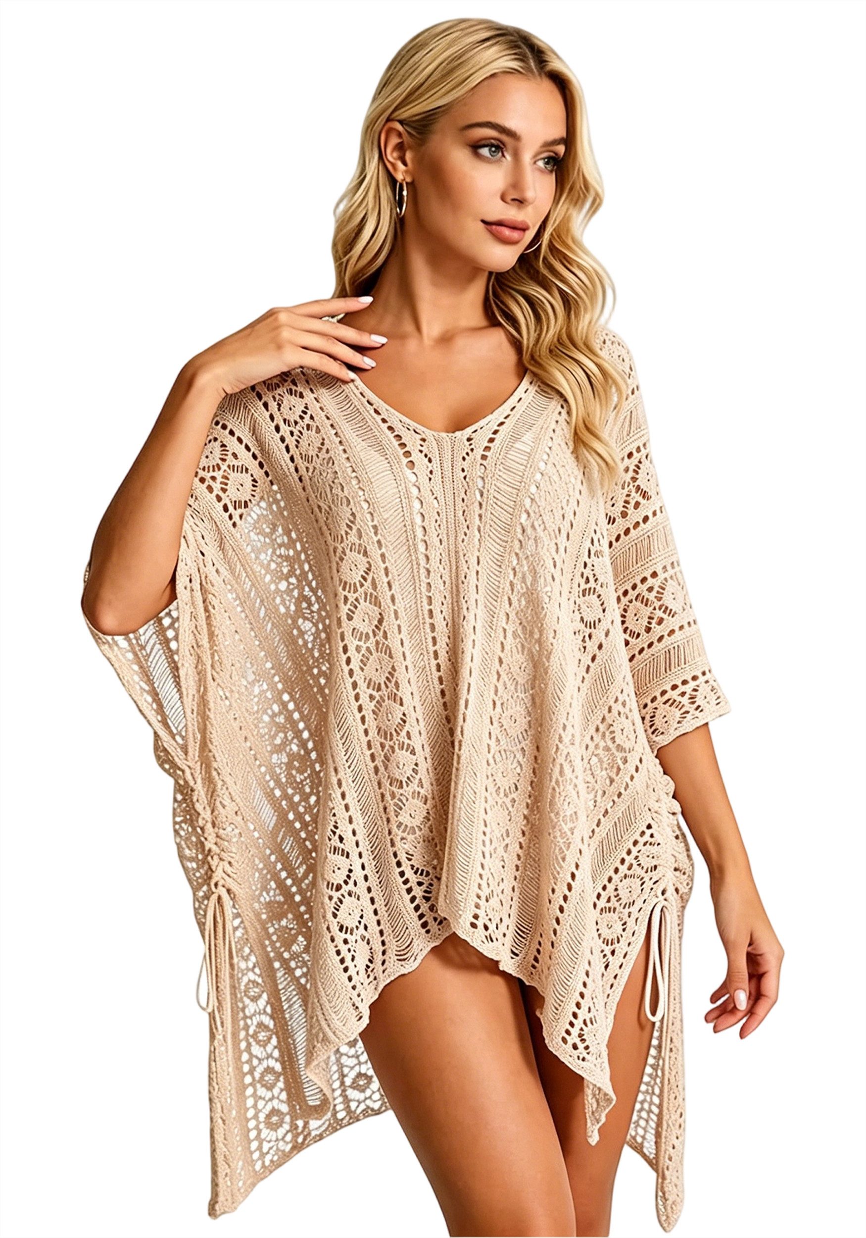 Mutig Strandkleid Damen Bikini Cover Up Strandkleid V-Ausschnitt Poncho gestrickt Kleid (Sommer Sexy Kleider mit Cutout Crochet,Strand Strandtunika, Boho-Stil Häkelkleid Strandurlaub Badeanzug Strandponcho Longbluse) Lockeres, bequemes Kleid ideal für Sommer, Strand, Meer und Urlaub