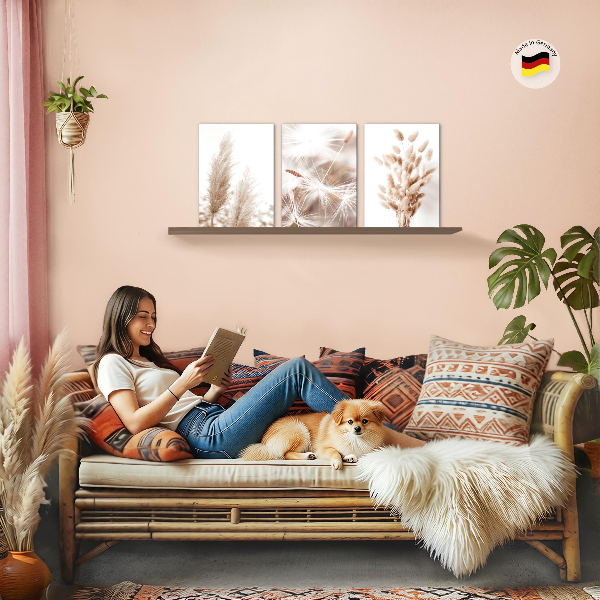 Novart Wandbild 3 Wandbilder Set Natur Wohnzimmer Deko Landschaft Berge Boho, Pampas2 (3 St)