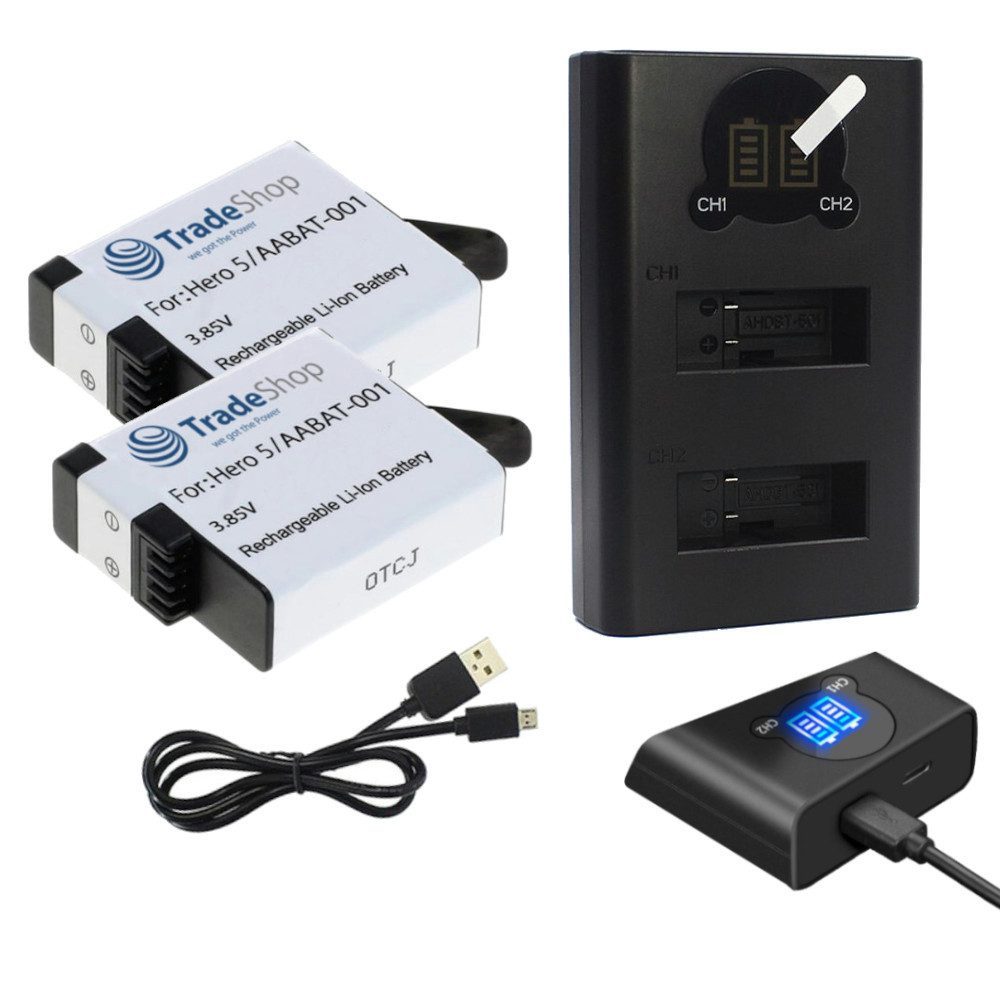 Trade-Shop 3in1 Set passend für GoPro Hero 8 Hero 2018 421850 ASST1 Ladegerät + 2 Kamera-Akku Li-Ion 1250 mAh (3,85 V), Mit USB Ladekabel