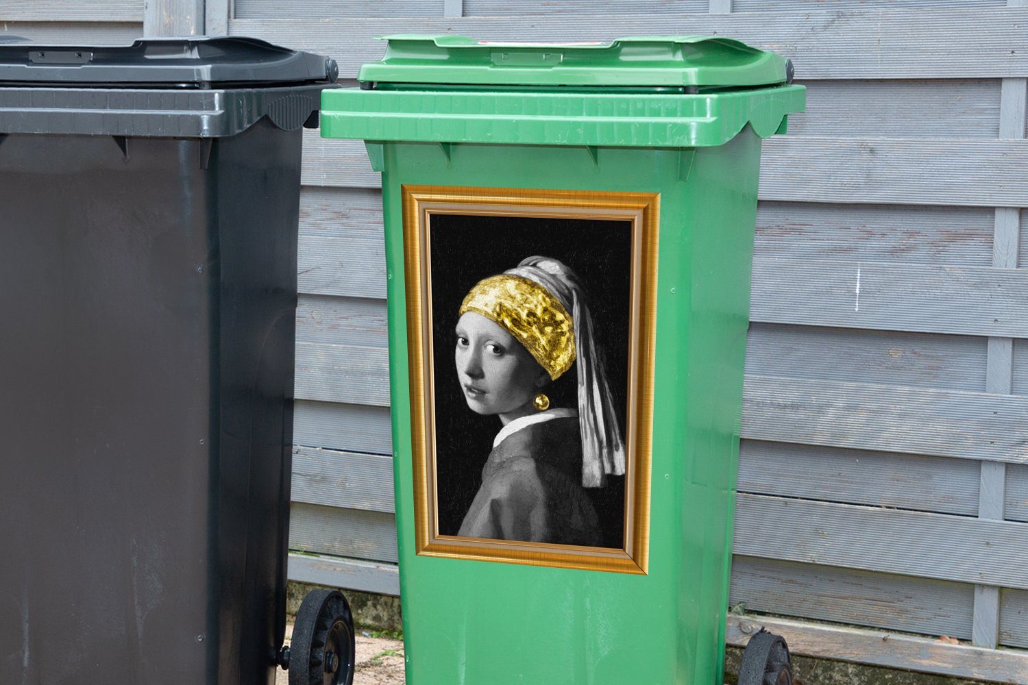 - - St), Perlenohrring Gold Vermeer Mülleimer-aufkleber, (1 Sticker, - Rahmen mit Container, Mülltonne, Wandsticker MuchoWow Mädchen Abfalbehälter
