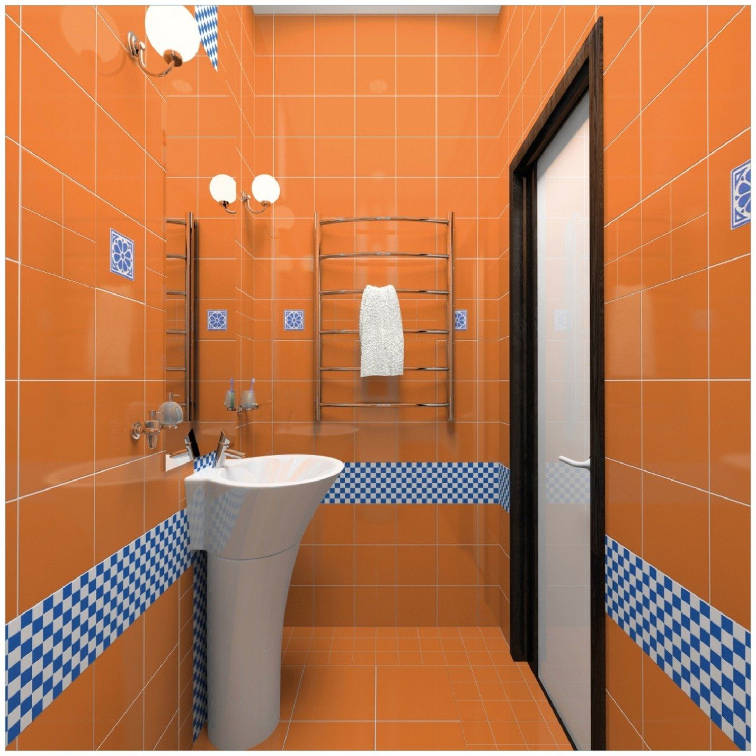 Wallario Memoboard Modernes Badezimmer in orange mit blauen Fliesen