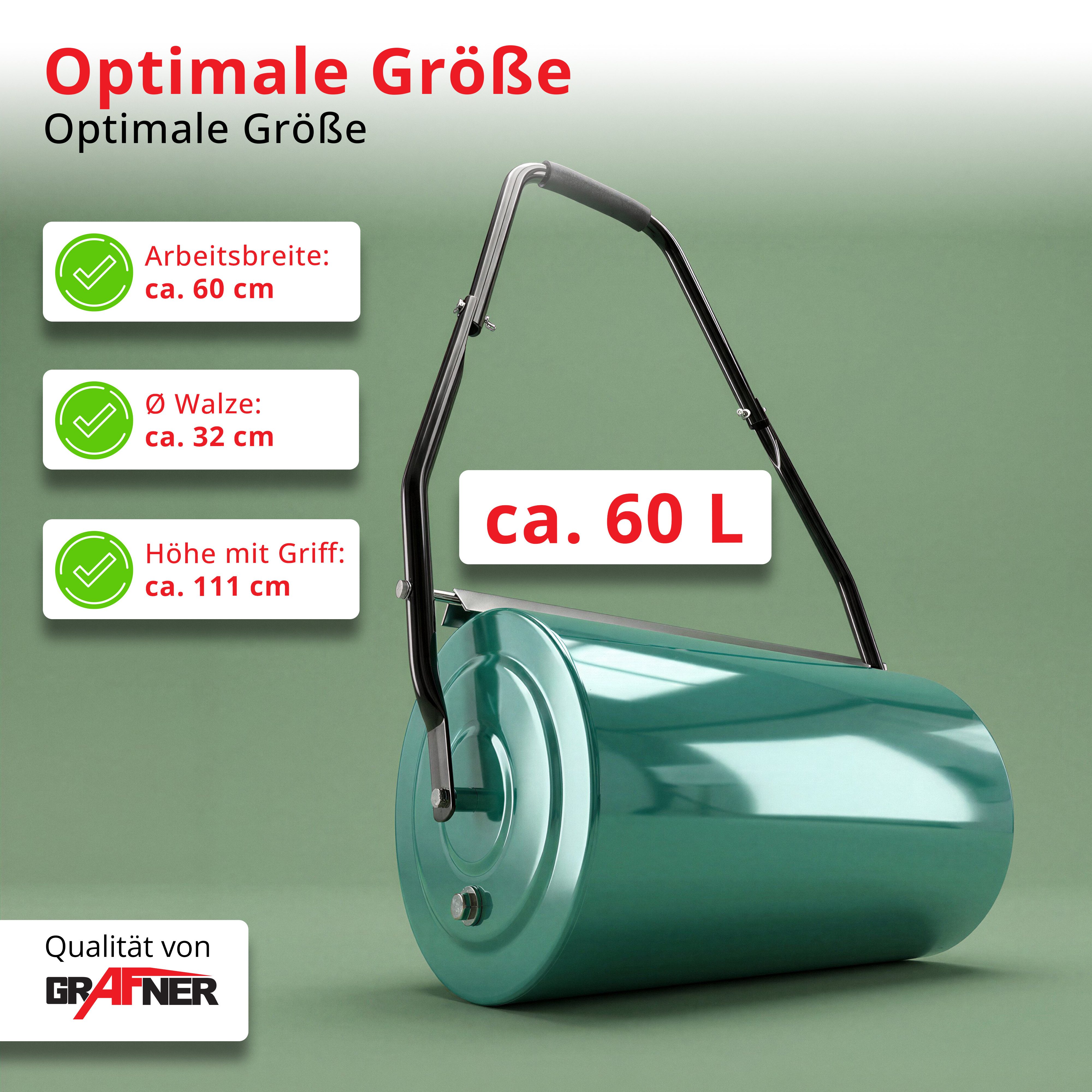 Grafner Rasenwalze Rasenwalze 60cm Gartenwalze Rasenroller Hand Walze befüllbar, 60,00 cm,Korpus aus Metall