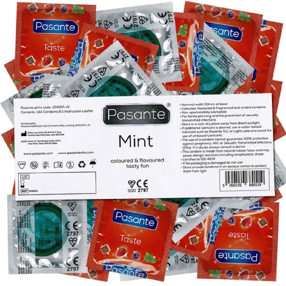 Pasante Kondome Pasante Vorratspackung, fruchtige Kondome mit Aroma Sorte: Mint, 144 St., Kondome mit Minz Geschmack, Kondome für Oralverkehr