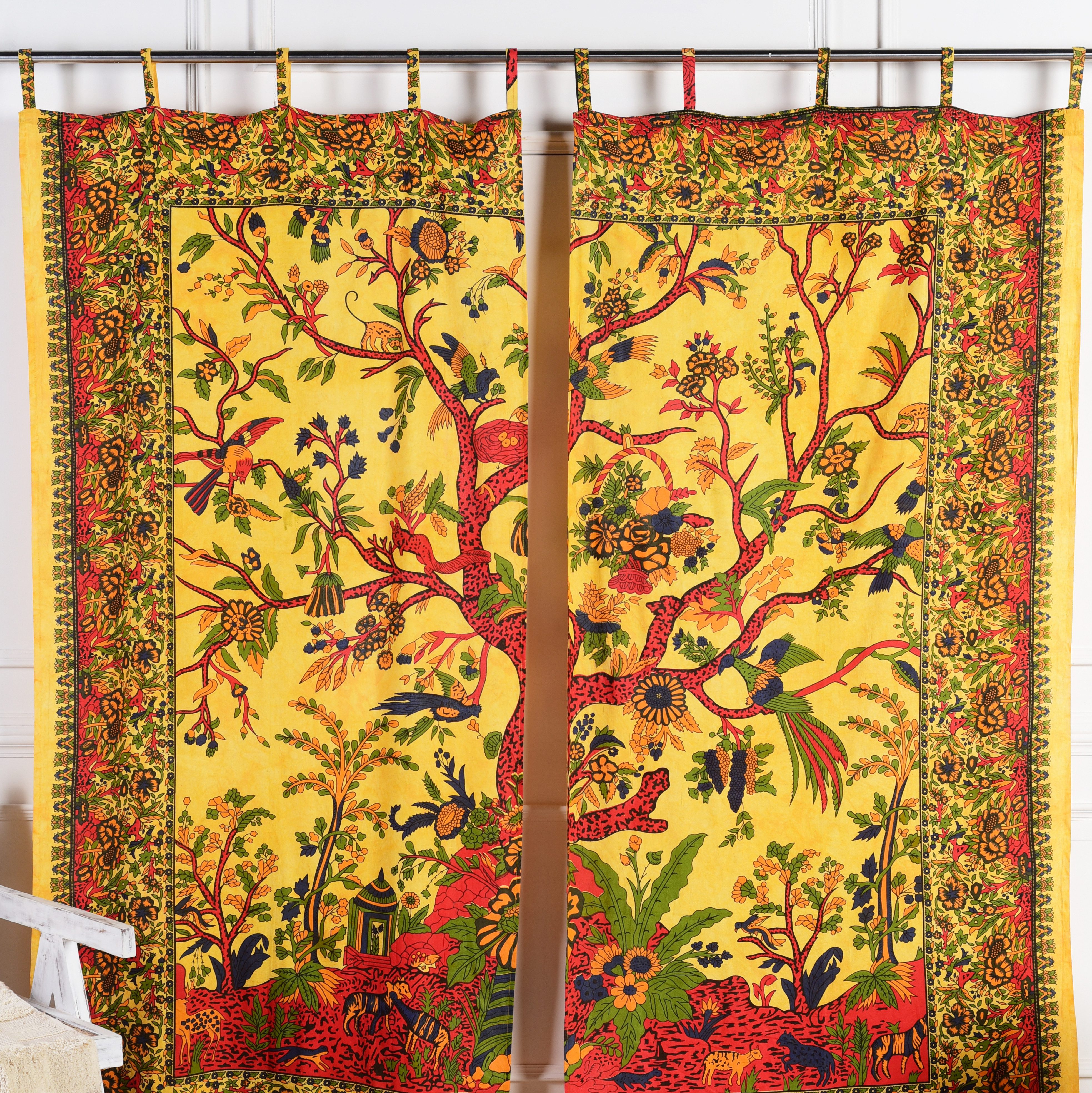 Karmandala Vorhang Lebensbaum Vögel Gardine blickdicht indischer Schlaufenschal 2er-Set, Schlaufen, Baum des Lebens Boho Gardinen aus Baumwolle Vorhang Set – Bild 3 von 5
