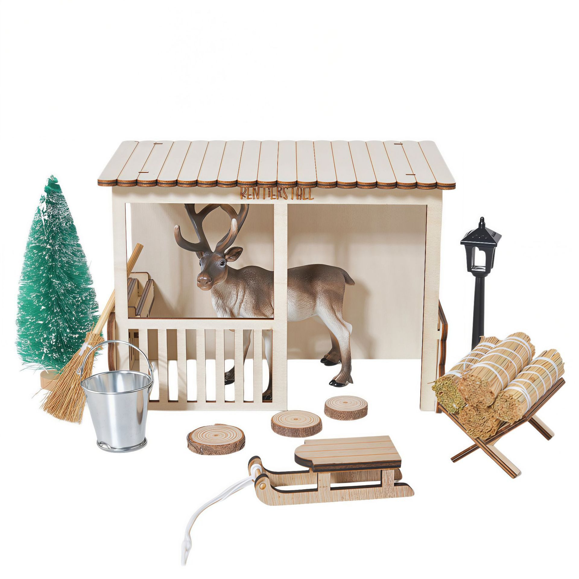 Bomiclss Dekofigur Wichteltür Zubehör 16-tlg. Set Weihnachten Miniatur Wichtel Deko (16 St), Mit Rentier, Weihnachtsbaum, Heuballen und …