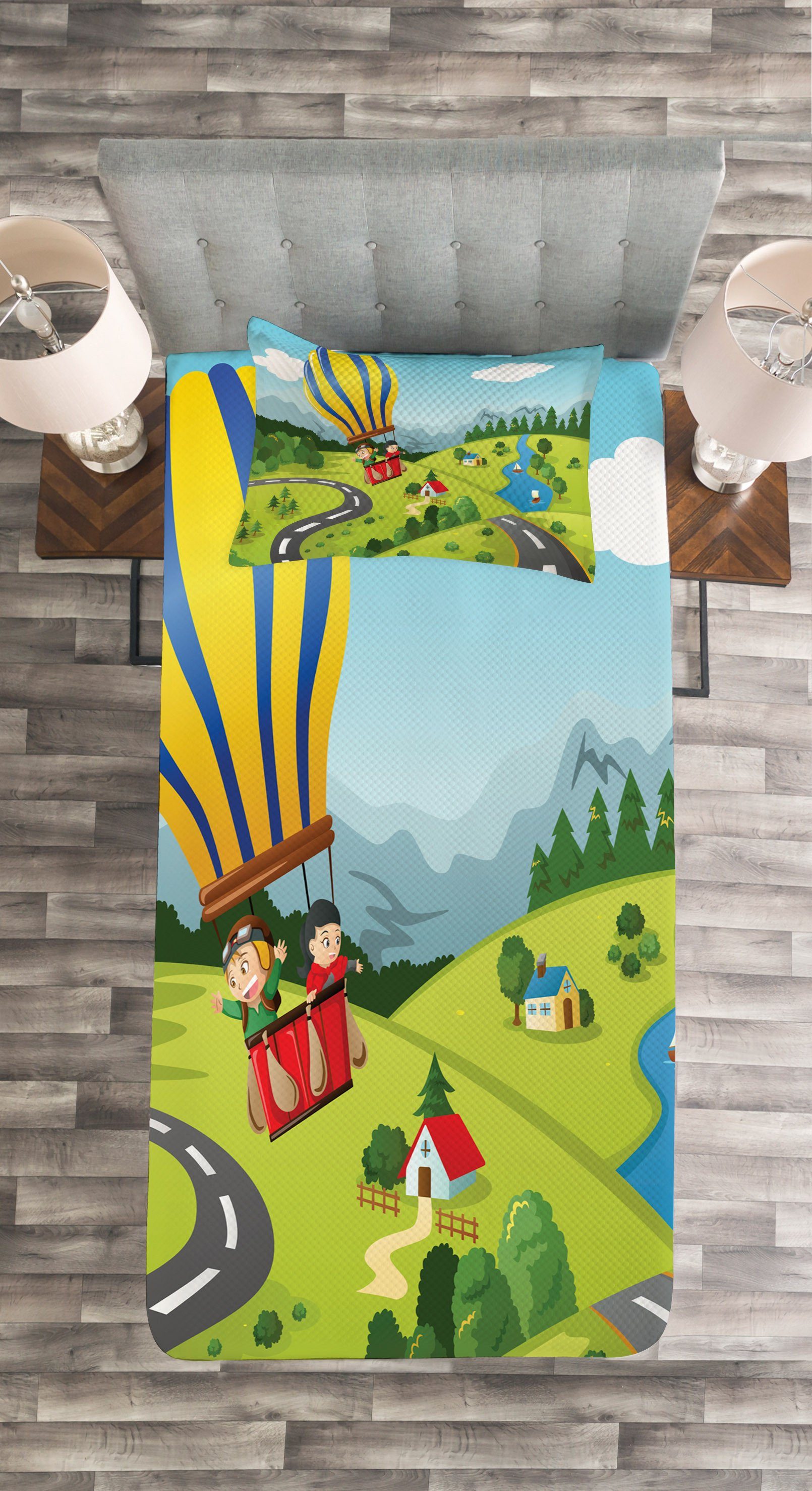 mit Himmel Heißluftballon Set Waschbar, Kissenbezügen Cartoon-Stil Abakuhaus, Tagesdecke