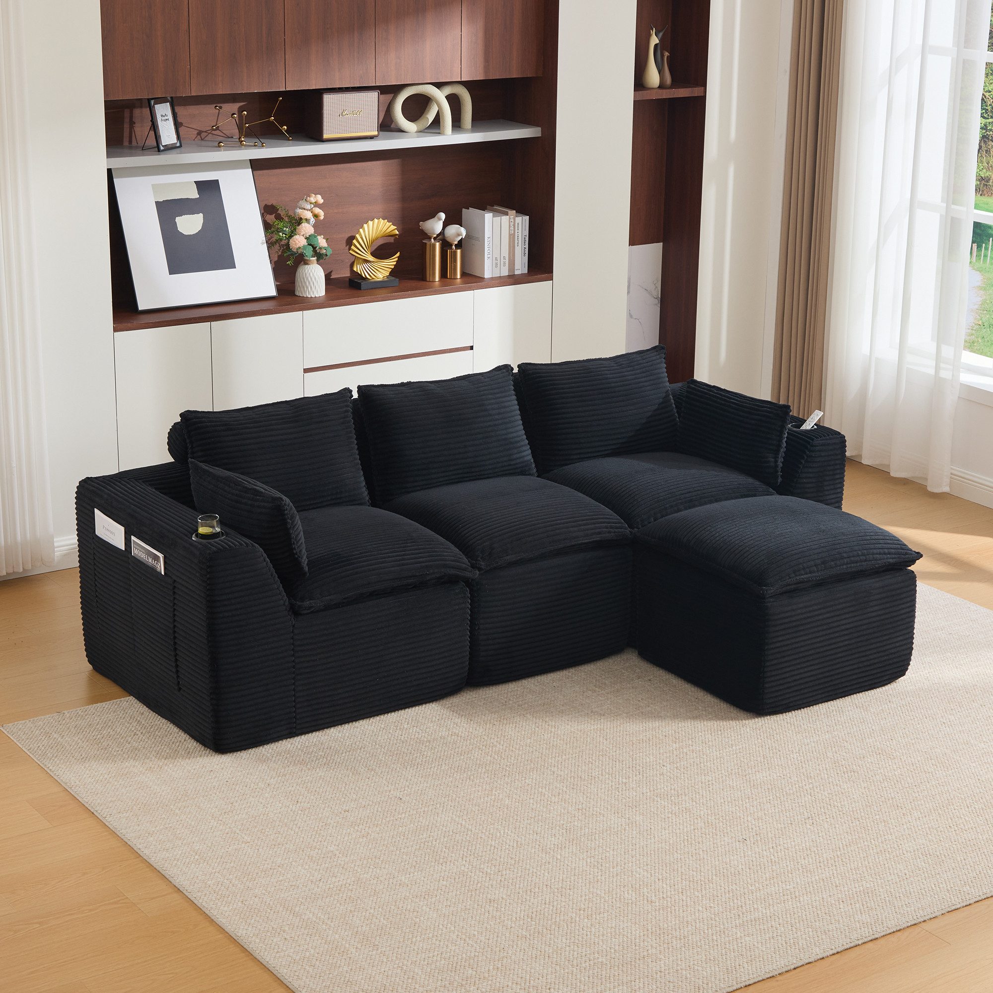 OKWISH Sofa 3-Sitzer Ecksofa Loungesofa, mit Fußhocker im beigen Cordstoff, inkl. Getränkehalter, Seitentaschen & Kissen, Schaumstoff-Federkern Komfort, Loungesofa
