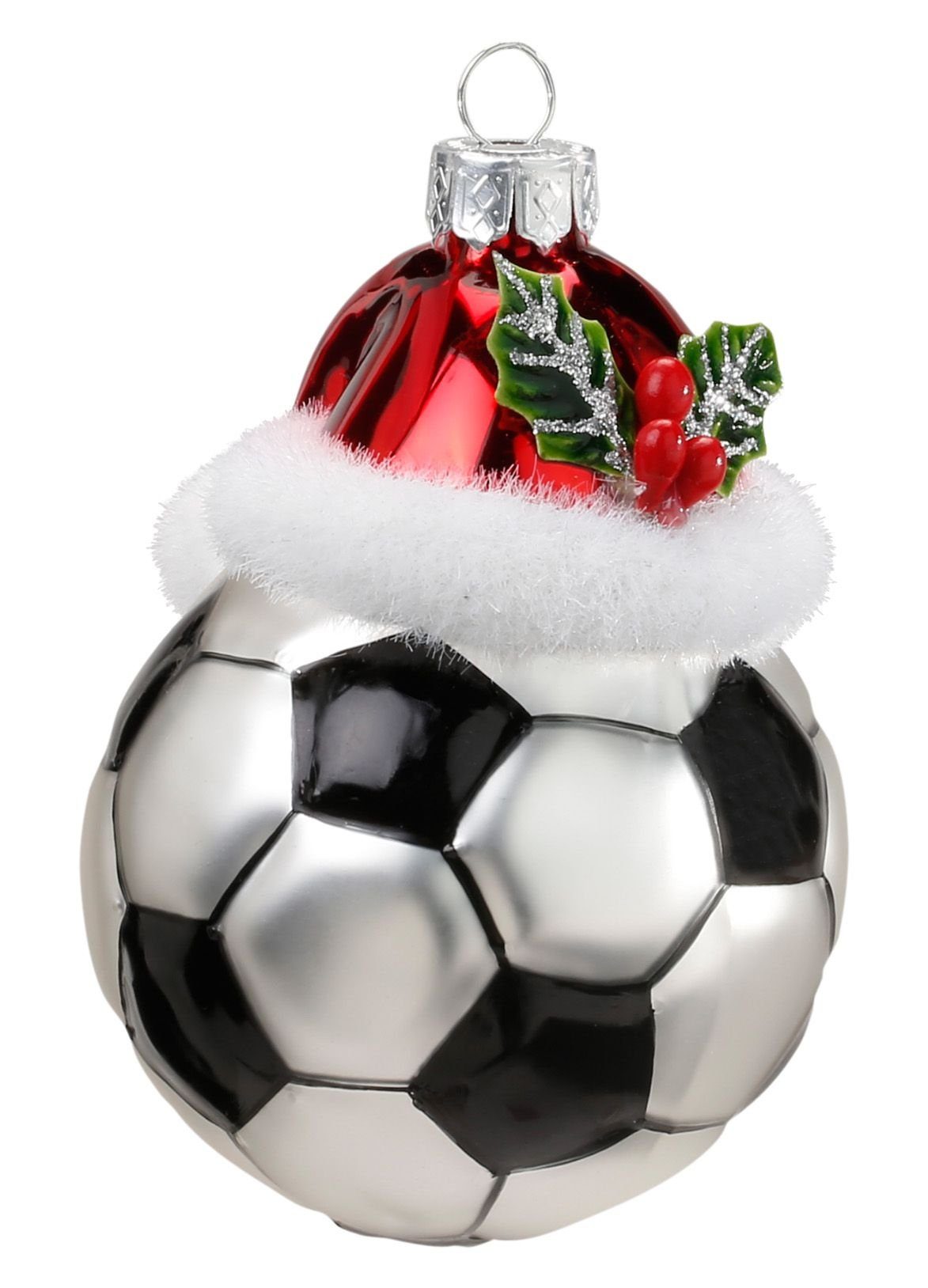 MAGIC by Inge Christbaumschmuck, Christbaumschmuck Glas Fußball mit Weihnachtsmütze 9cm
