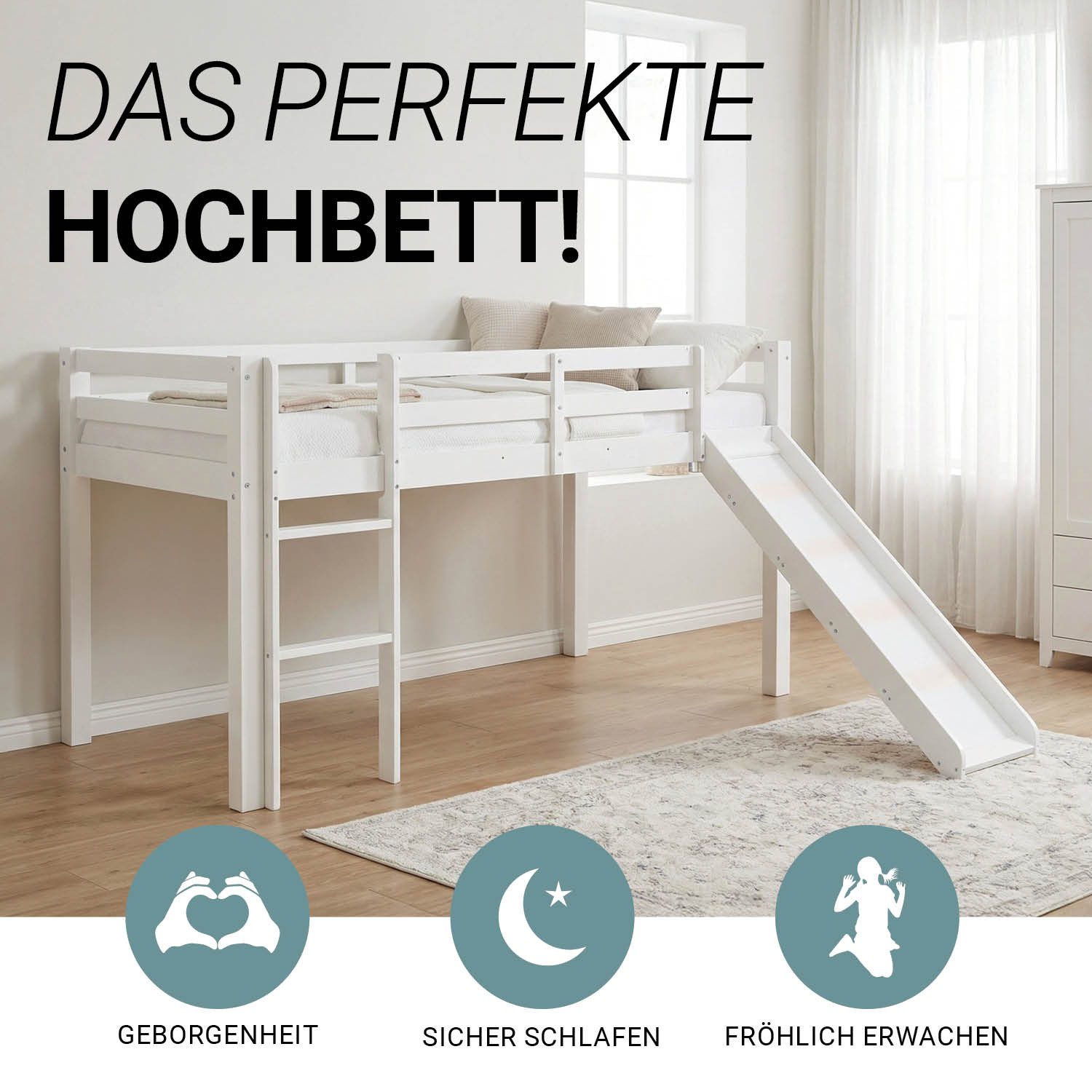 Homestyle4u Hochbett 90x200 Kinderbett Spielbett Kiefer massiv mit Rutsche Vorhang (Set, Bettgestell mit Lattenrost) Weiß, mit Rausfallschutz, Jungen Mädchen