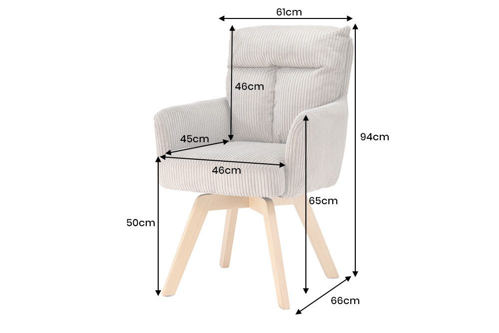 riess-ambiente Polsterstuhl BIG GEORGE greige/natur - Cord, 360° Drehfunktion, Taschenfederkern (Einzelartikel, 1 St), mit Armlehnen & Buchenholz-Beinen – ideal für gemütliche Esszimmer