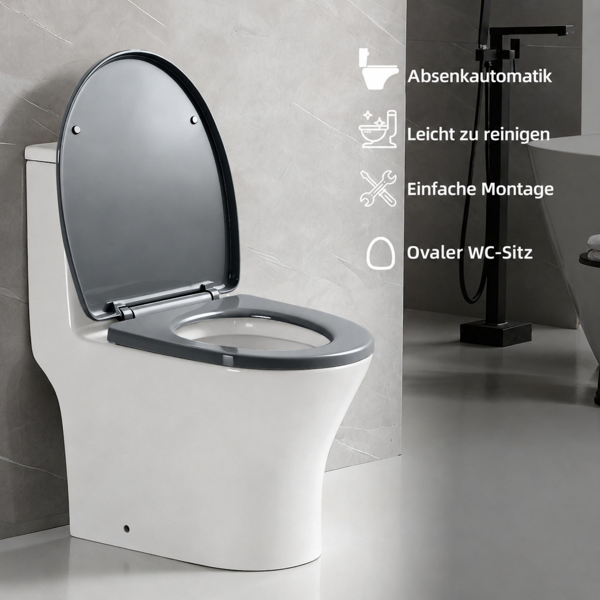 Blossom WC-Sitz Toilettendeckel mit Absenkautomatik, Quick Release, antibakteriell (WC Sitz mit Absenkautomatik, 360° verstellbare Scharniere), Toilettensitz für D-Form, O-Form & eckige WC-Becken, bis 150 kg