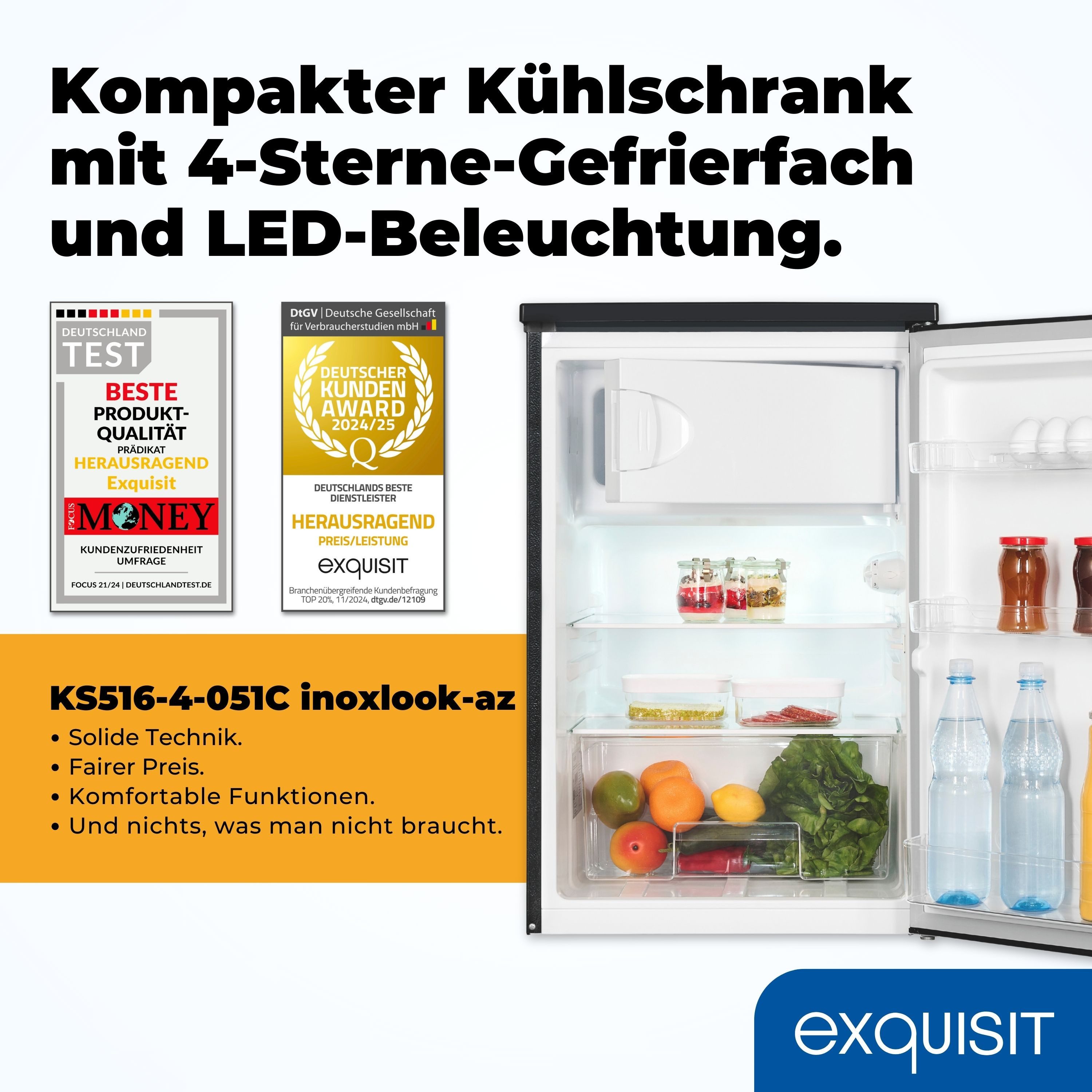 exquisit Kühlschrank KS516-4-051C, 84.5 cm hoch, 54.9 cm breit, Türanschlag wechselbar, Gemüsefach, Temperaturregelung