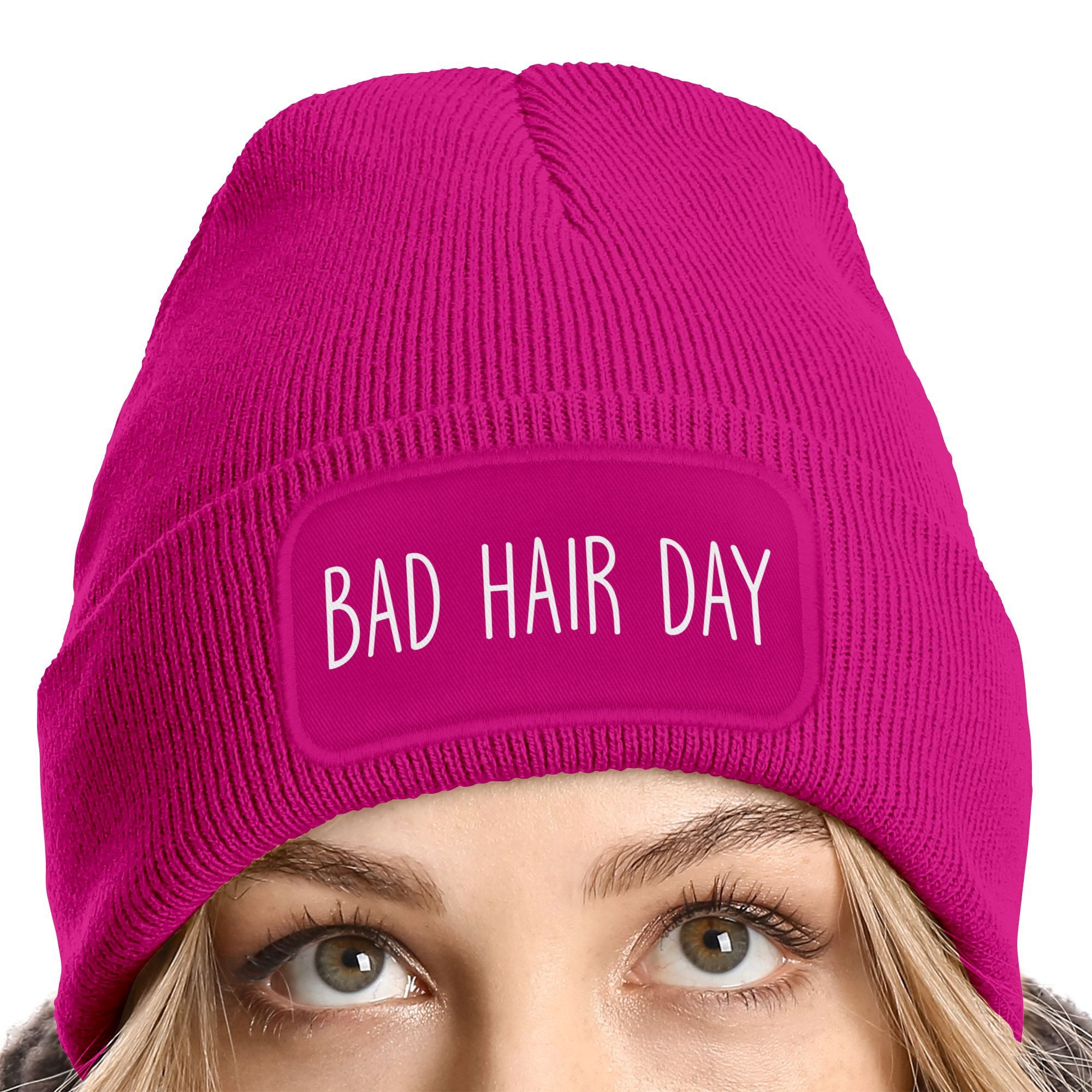 MoonWorks Strickmütze Damen Beanie mit Patch Bad Hair Day Haare Strickmütze günstig online kaufen