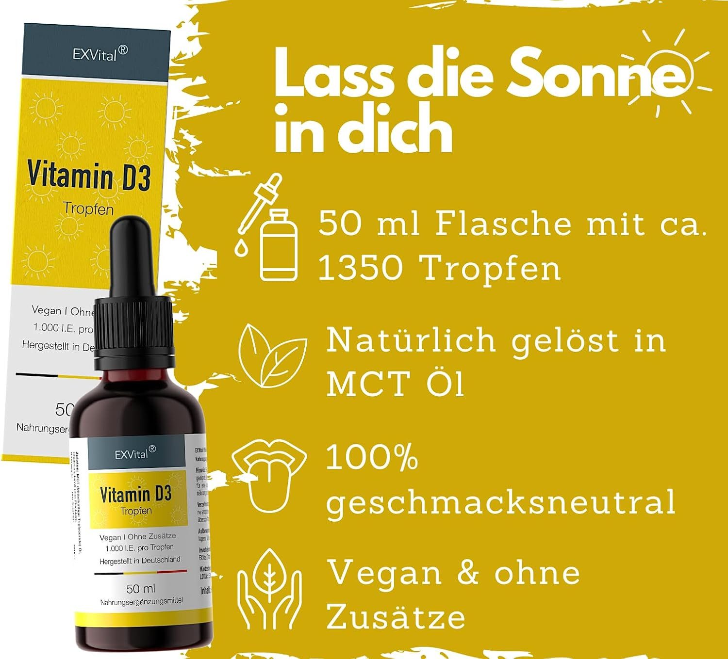 Vitamin D3 Tropfen – 25 μg - 1000 I.E. pro Tropfen, Laborgeprüft Tropfen, 50 ml