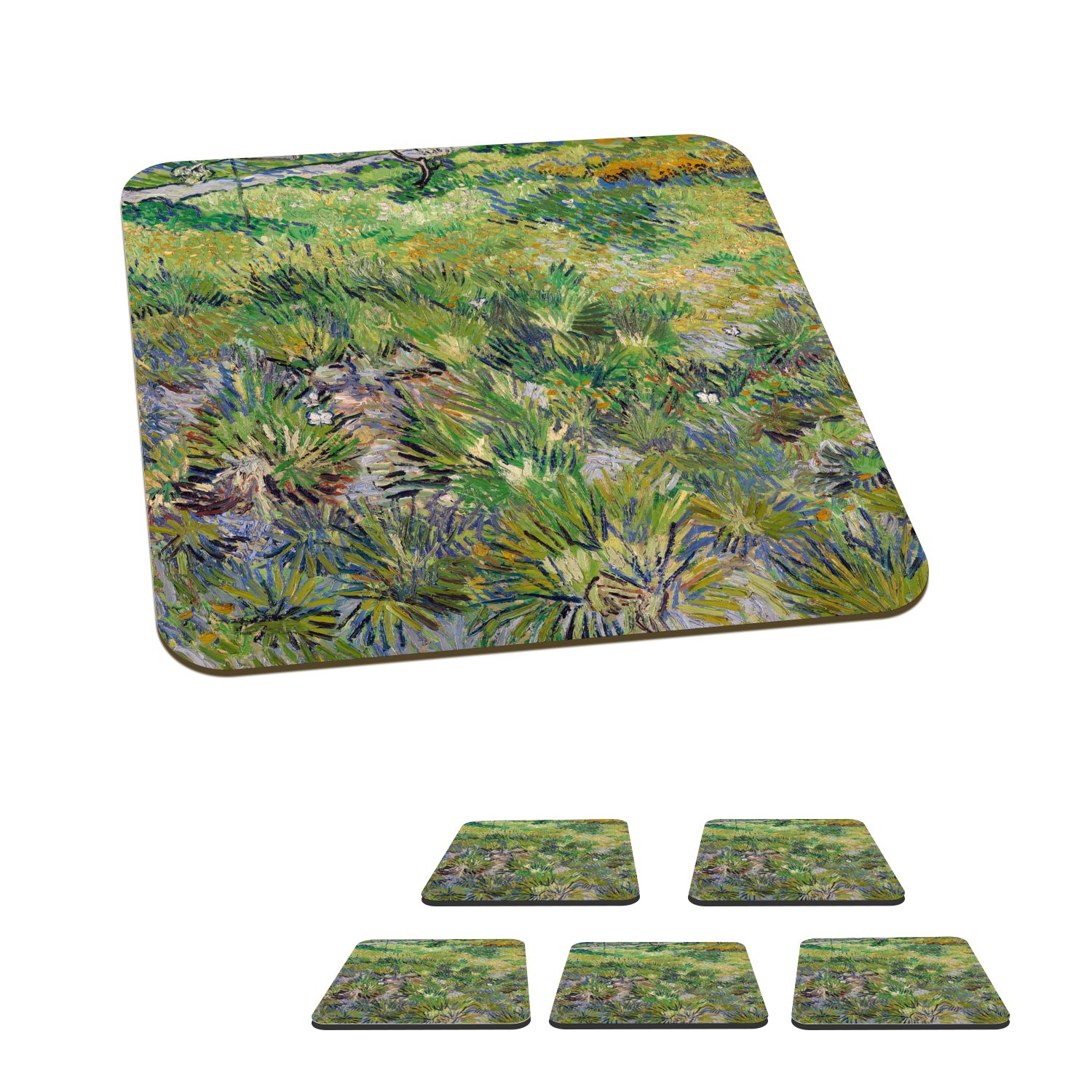 MuchoWow Glasuntersetzer Langes Gras mit Schmetterlingen - Gemälde von Vincent van Gogh, Zubehör für Gläser, 6-tlg., Glasuntersetzer, Tischuntersetzer, Korkuntersetzer, Untersetzer, Tasse