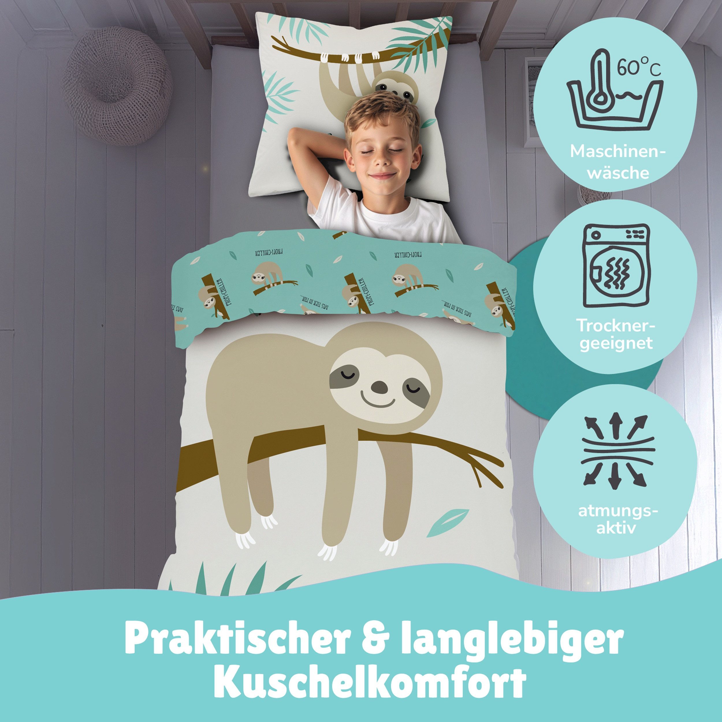 Familando Jugendbettwäsche Faultier, Set 135x200 80x80 cm, 100% Baumwolle, Reißverschluss, Renforcé, 2 teilig, mit Schriftzügen und süßem Faultiermuster auf der – Bild 3 von 5