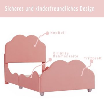 Odikalo Kinderbett Polsterbett Geländer Wolkenform Kopf- & Fußteil Samt Beige/Rosa 90x200