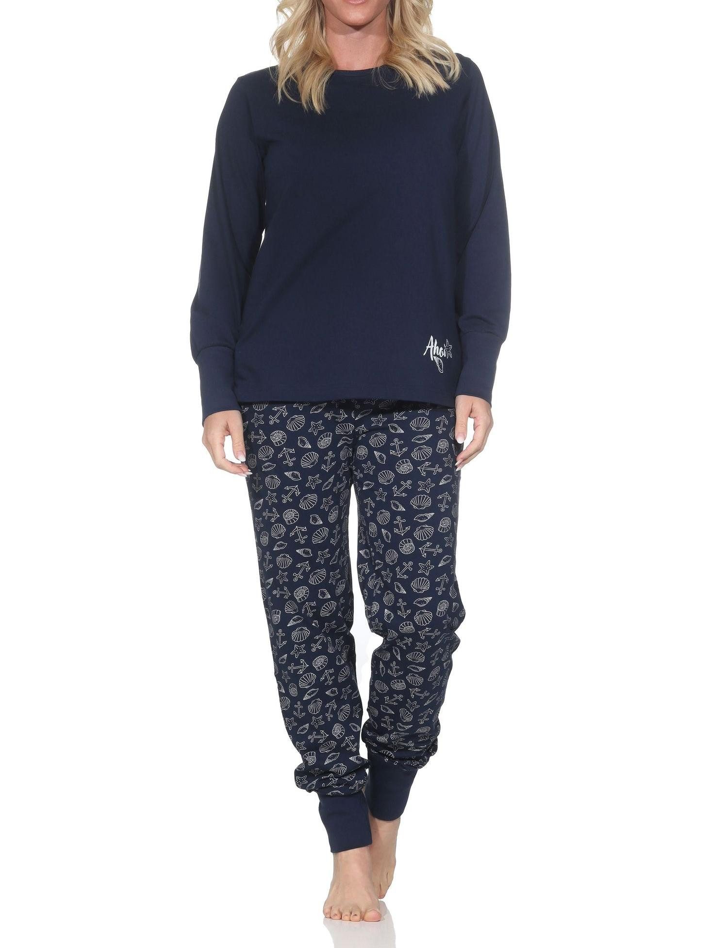 Pyjama Normann Damen Schlafanzug mit Bündchen in maritimer Optik