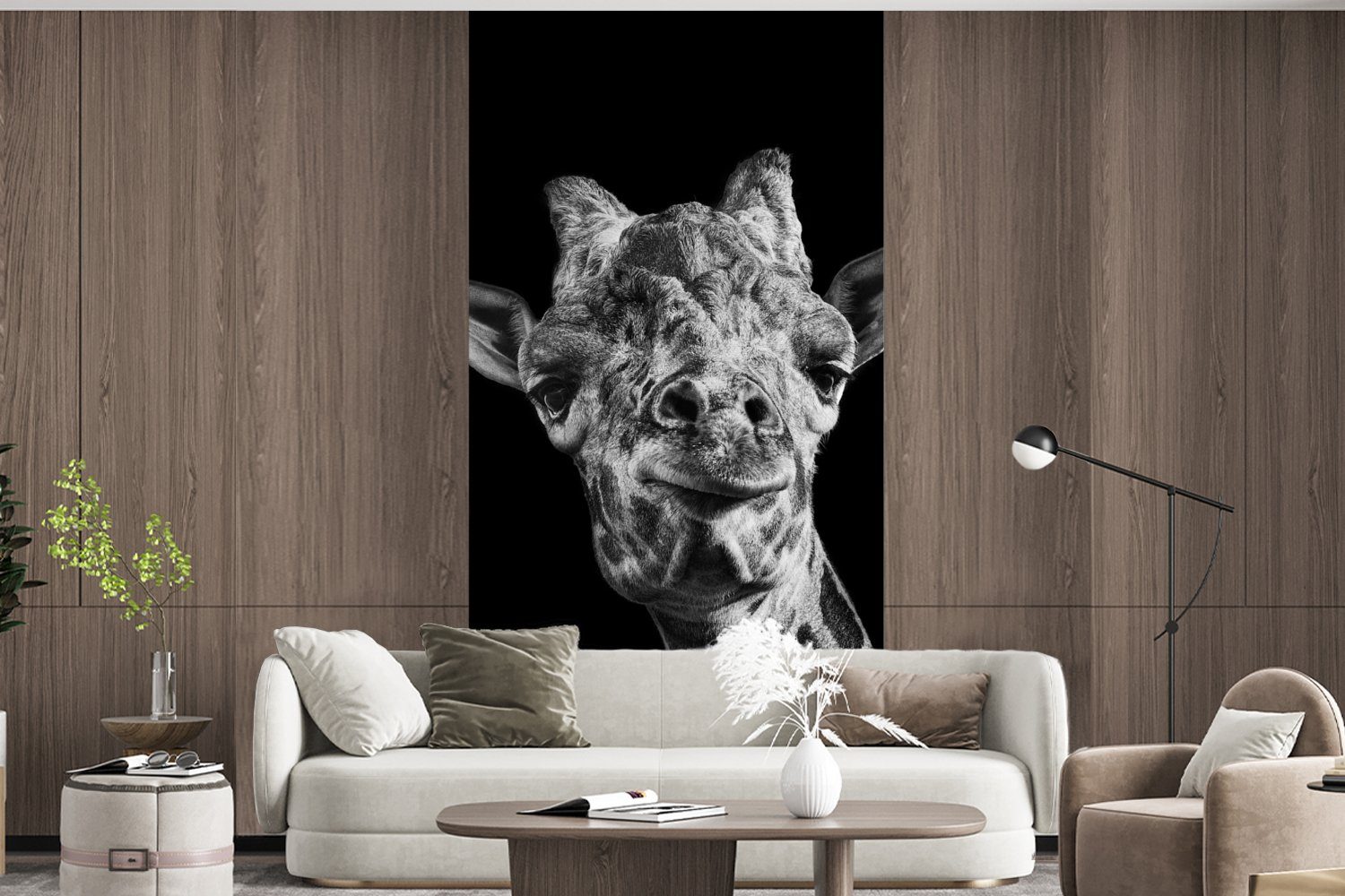 Tier bedruckt, Küche, für Fototapete Giraffe - MuchoWow Wohnzimmer Matt, Vliestapete - Weiß, (2 St), Schwarz Fototapete Schlafzimmer -