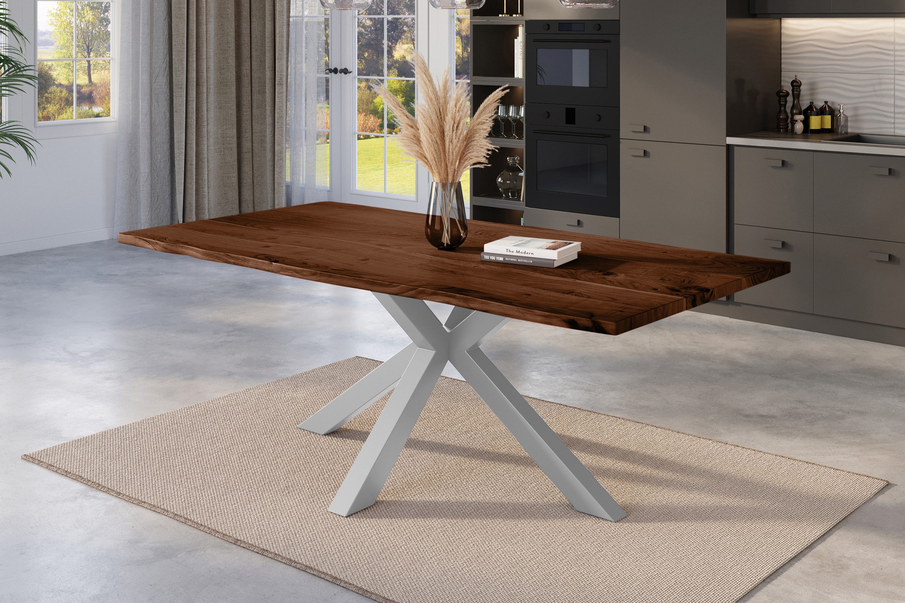 SAM® Baumkantentisch Nicki, massives Akazienholz, Baumkante, Metallgestell Spider-Form, bis 3m